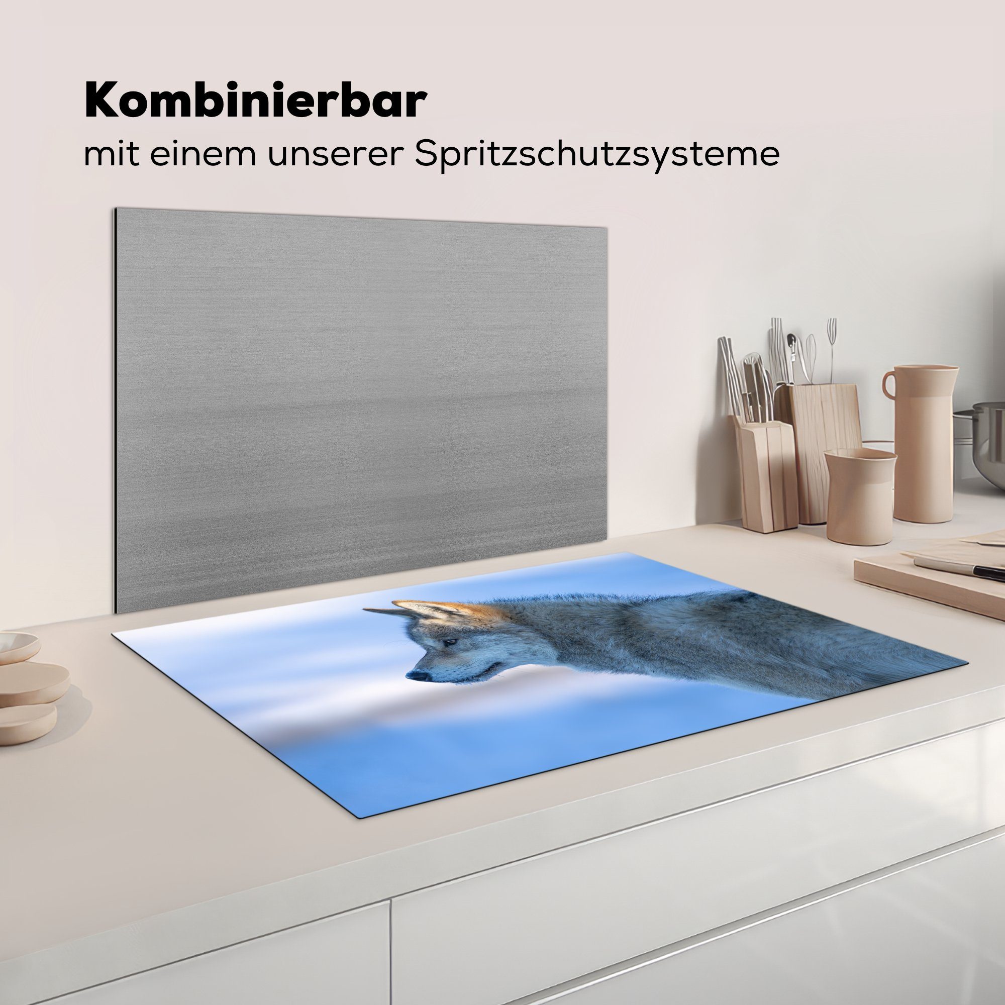 Herdblende-/Abdeckplatte küche, tlg), Wolf Winter für die cm, (1 Mantel, Vinyl, - 81x52 MuchoWow Induktionskochfeld - Schutz Ceranfeldabdeckung