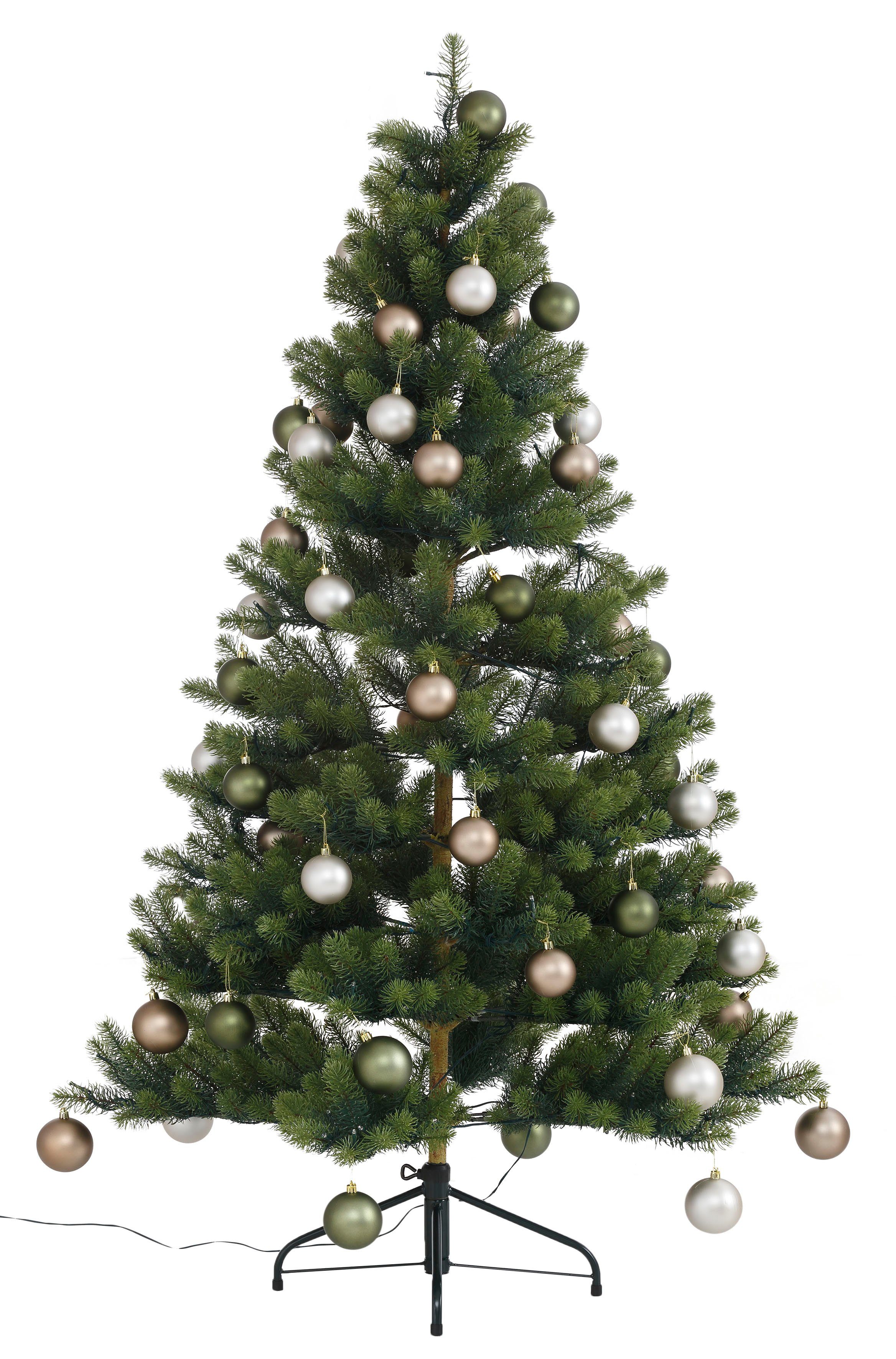 Creativ deco Künstlicher Weihnachtsbaum Fertig geschmückt, mit 60 Kugeln und LED Beleuchtung grün/hellbraun/beige