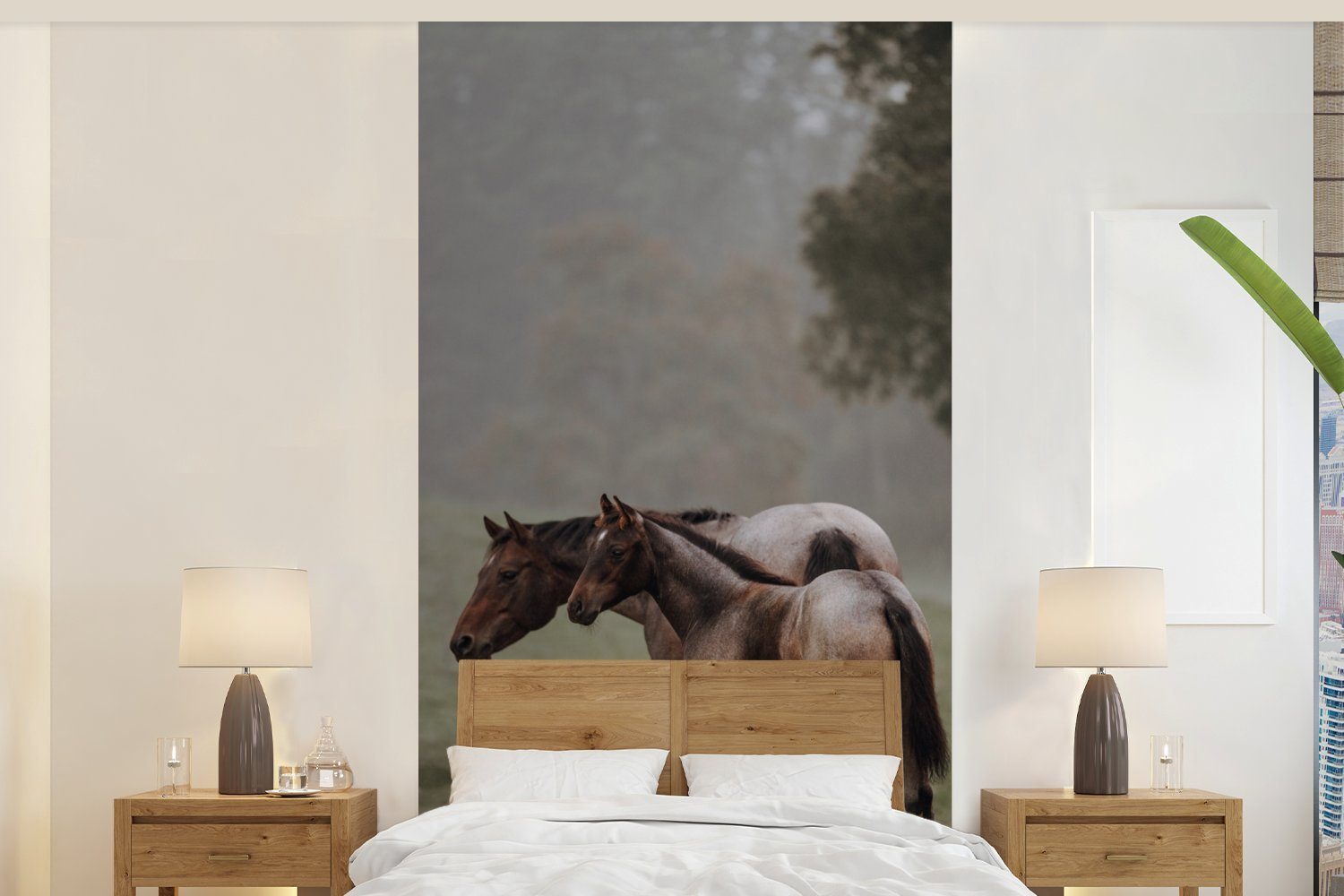 MuchoWow Fototapete Pferde - Natur - Nebel, Matt, bedruckt, (2 St), Vliestapete für Wohnzimmer Schlafzimmer Küche, Fototapete