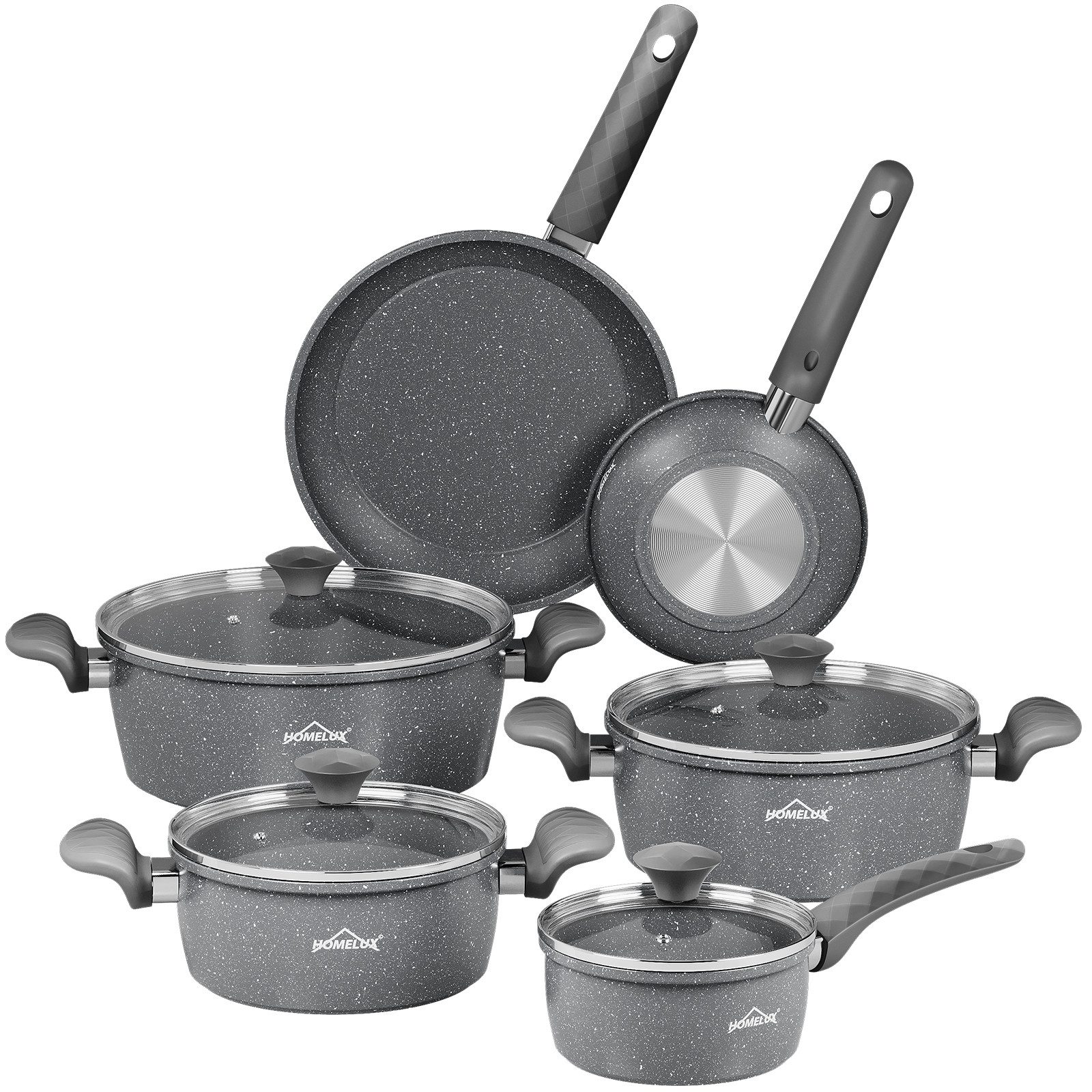 HOMELUX Topf-Set 7/10 Tlg Induktions Töpfe Set Antihaftbeschichtung Für Alle Herde, Marmor-Antihaftbeschichtung (Set, 10-tlg., 2 Pfannen+3 Kochtöpfe+1 Kasserolle), Kochtopf-Set im modernen Design mit Soft Silikon-Griff