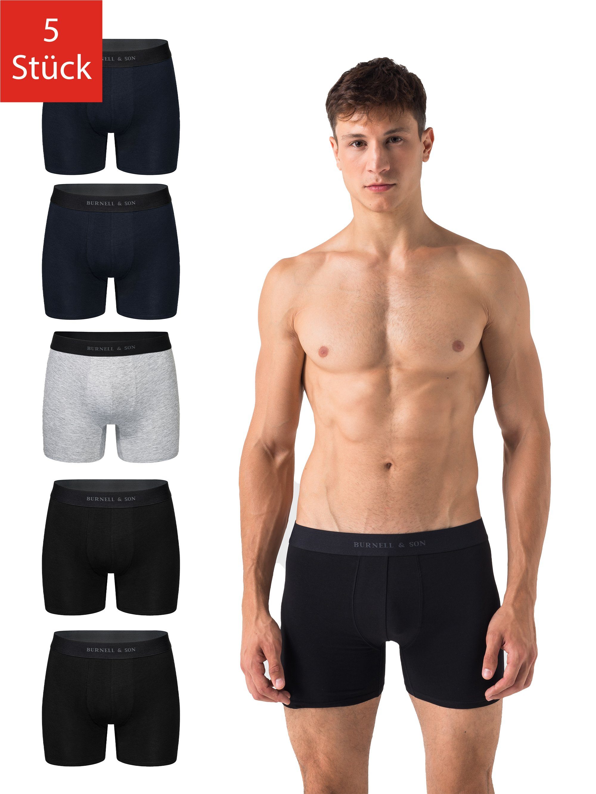 Burnell & Son Boxer Unterhosen aus Baumwolle für Herren Männer (Packung, Set, Spar-Pack, Spar-Packung, Spar-Set, 5-St., 5er-Pack) mit Komfortbund
