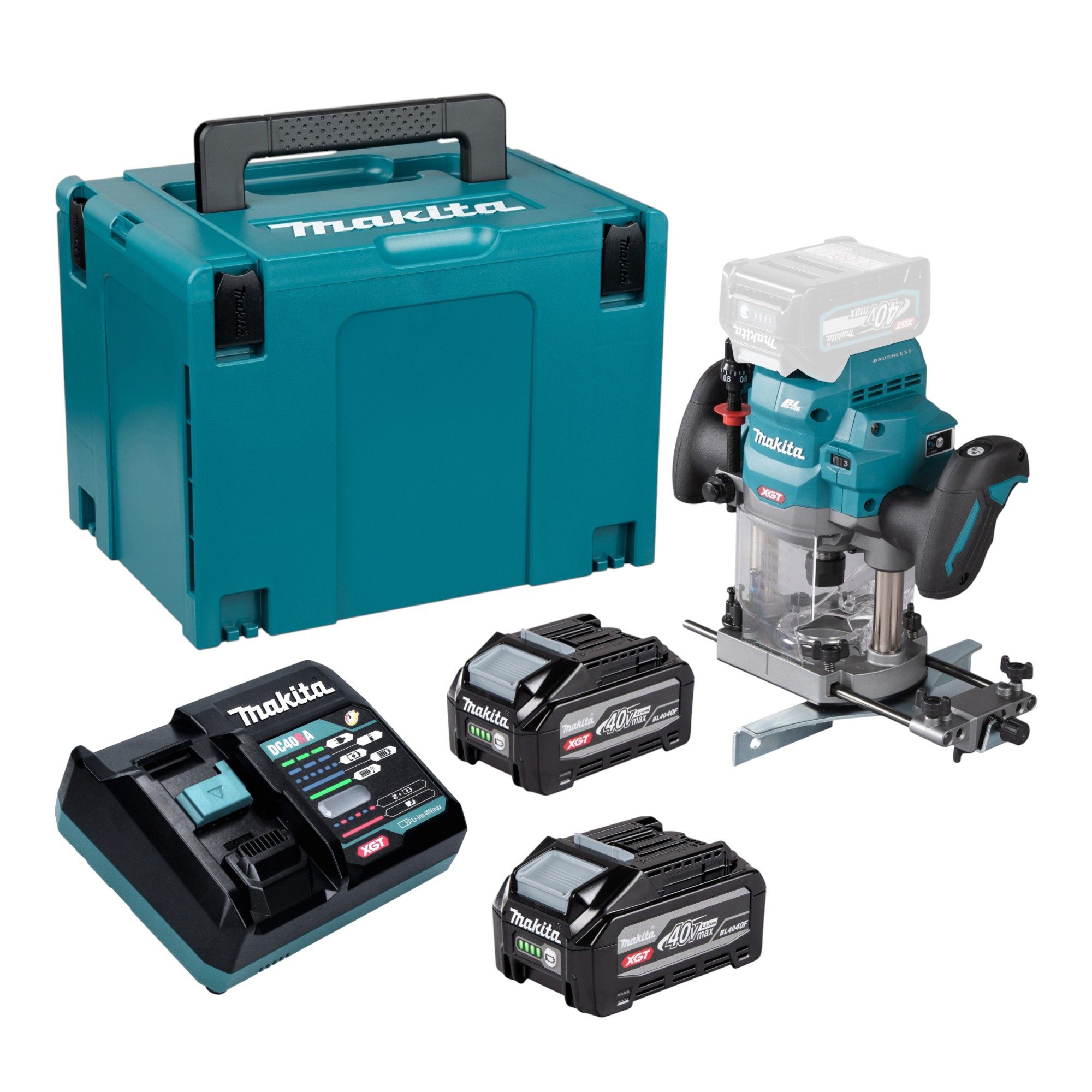 Makita Oberfräse RP 001 GU201 40V max. 12 mm + 2x Akku 4,0 Ah + Ladegerät + Makpac