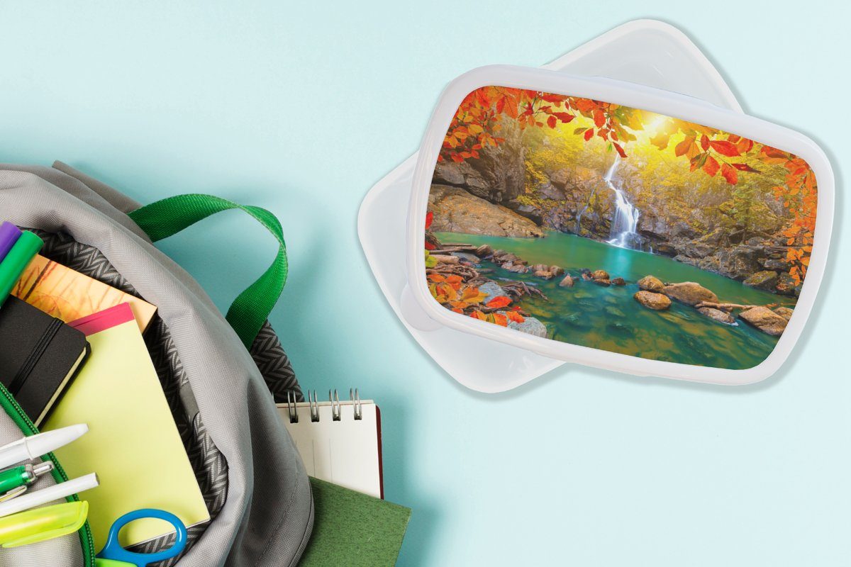 MuchoWow Lunchbox - Baum Herbst für Jungs Brotdose, (2-tlg), - Mädchen und Kunststoff, Erwachsene, Wasserfall für weiß - Kinder und Steine - Brotbox Rot