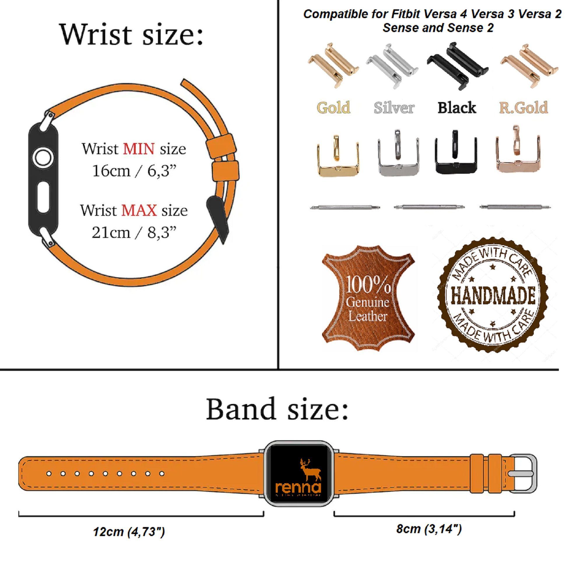 Renna Leather Smartwatch-Armband Fitbit Cuff / 4 Ersatzarmband Versa Leder Armband Sense 2 & Grau 3 Echtes 