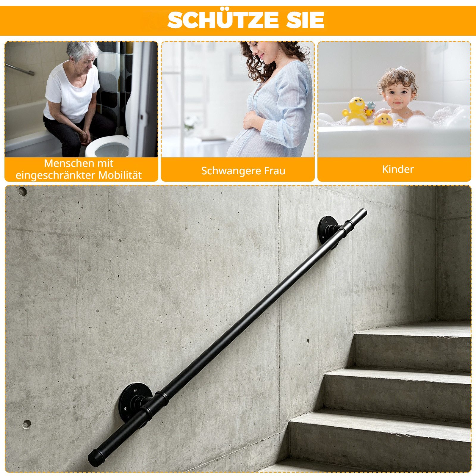 BlingBin Handlauf 150 / 100 cm verzinkter rutschfester Wandhandlauf, 100 cm Gesamtlänge, (1er Set, 1 St., 150cm/100cm), wetterfestes Treppengeländer für Bad, Küche und Garten