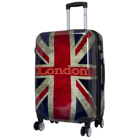 Trendyshop365 Hartschalen-Trolley Union Jack, bunter Koffer mit London-Motiv, 3 Größen, 4 Rollen, Zahlenschloss, Polycarbonat, Dehnfalte