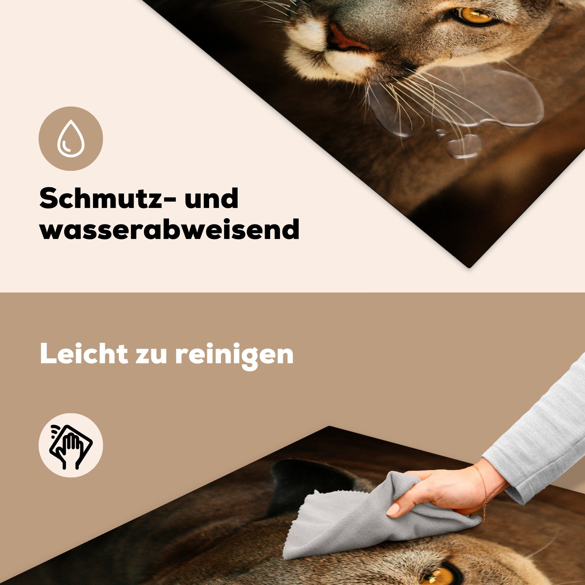 Arbeitsplatte cm, 78x78 Puma MuchoWow (1 Herdblende-/Abdeckplatte Ein Jagdstellung in mit für tlg), Ceranfeldabdeckung, gelben küche Augen, Vinyl,