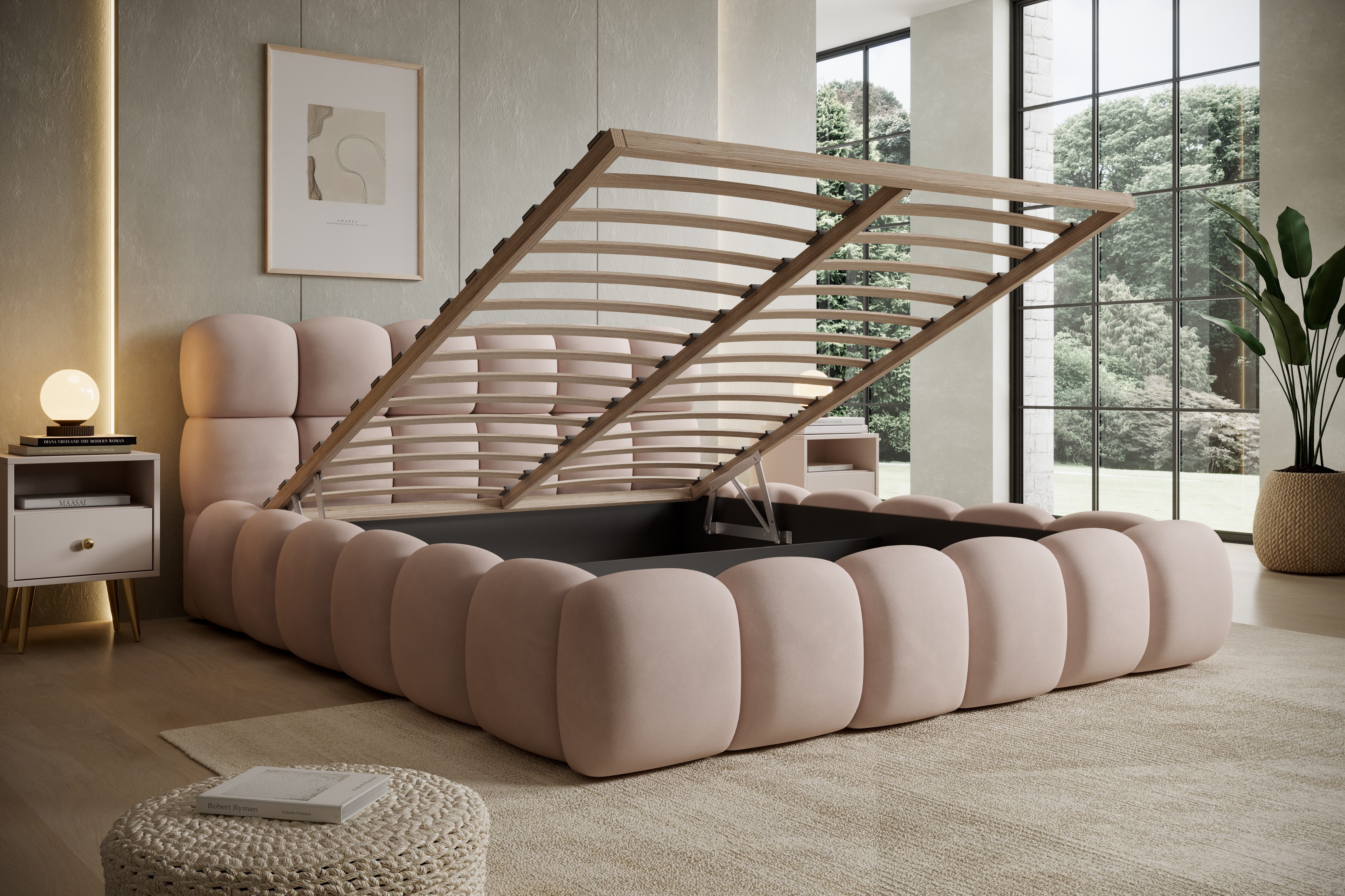 thematys Polsterbett mit Bettkasten 140x200–200x200 cm – Velours oder Bouclé Bezug – (Polsterbett in den Varianten Bouclé (Fredo), Velours (Velutto) - Wolkenbett mit XXL Kopfteil), Wolkenbett mit XXL Kopfteil)