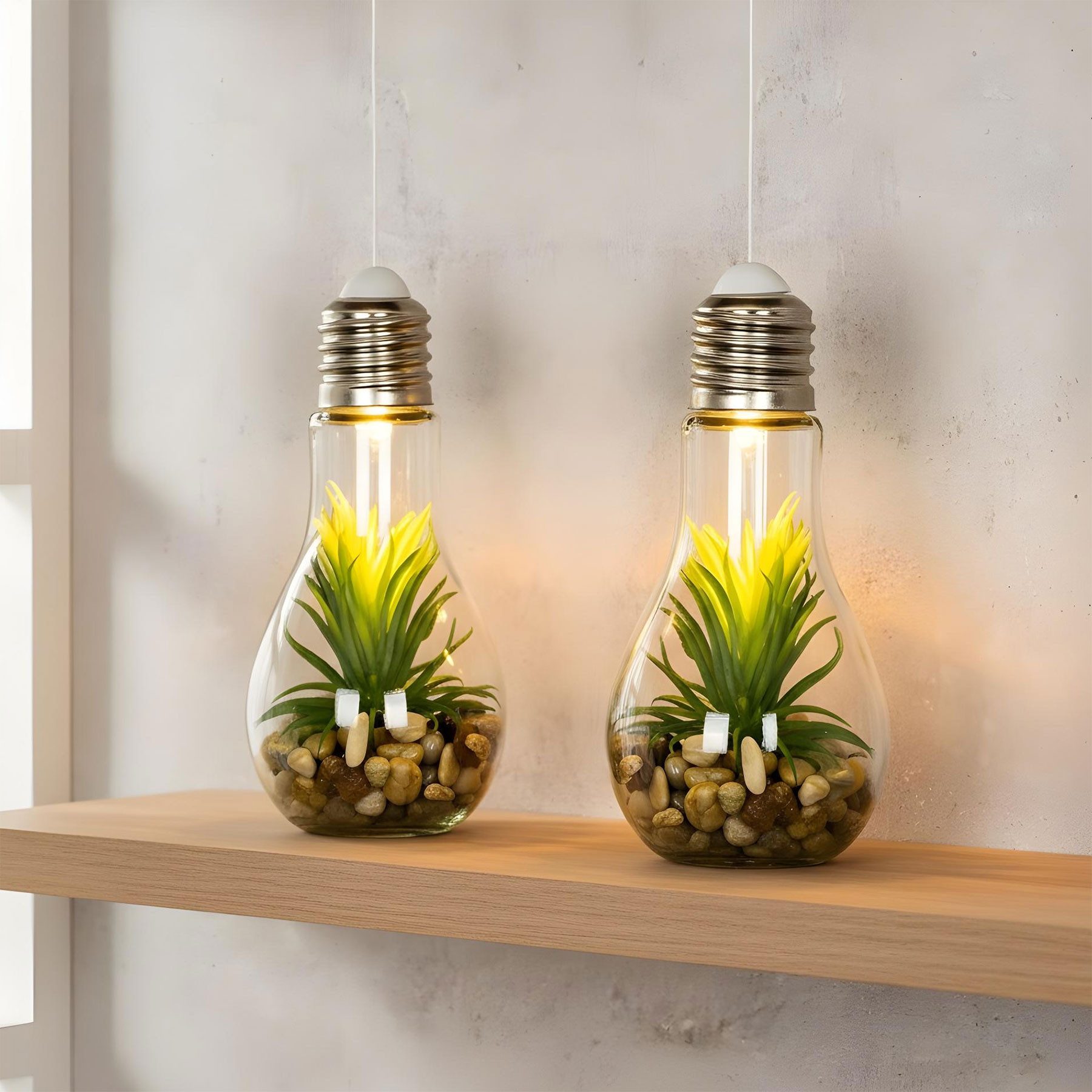 Levandeo® LED Dekoobjekt, 2er Set LED Glühbirne Sukkulenten H19cm Grün Deko Lampe