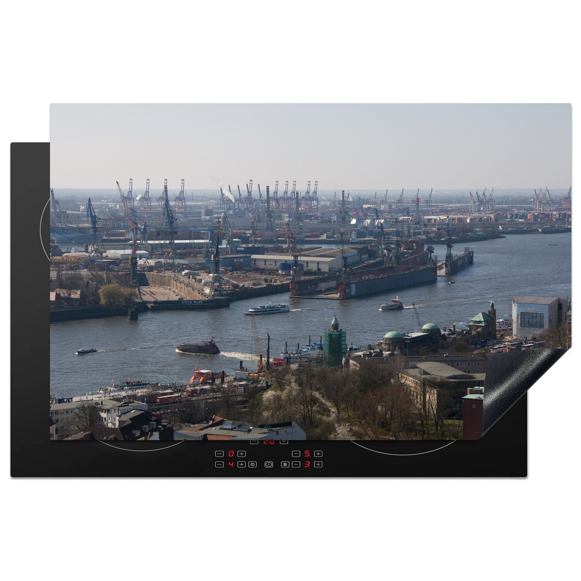 MuchoWow Herdblende-/Abdeckplatte Hamburg - Hafen - Boot, Vinyl, (1 tlg), 81x52 cm, Induktionskochfeld Schutz für die küche, Ceranfeldabdeckung