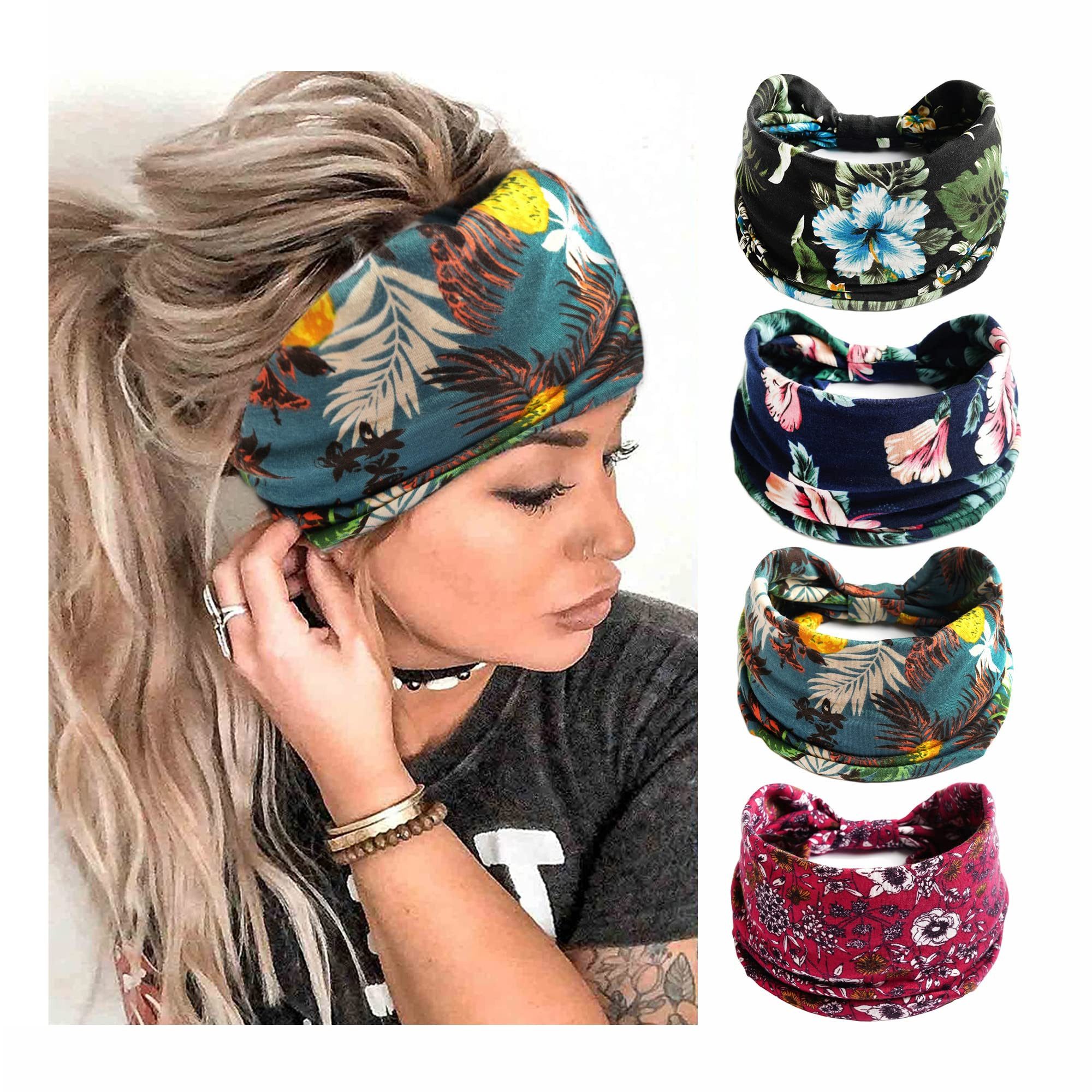 Zaewry Haargummi Stirnbänder Damen Frauen Breites Haarband Boho Blumendruck Knot, 4-tlg., Elastische Lauf Yoga Kopfwickel Haarbänder