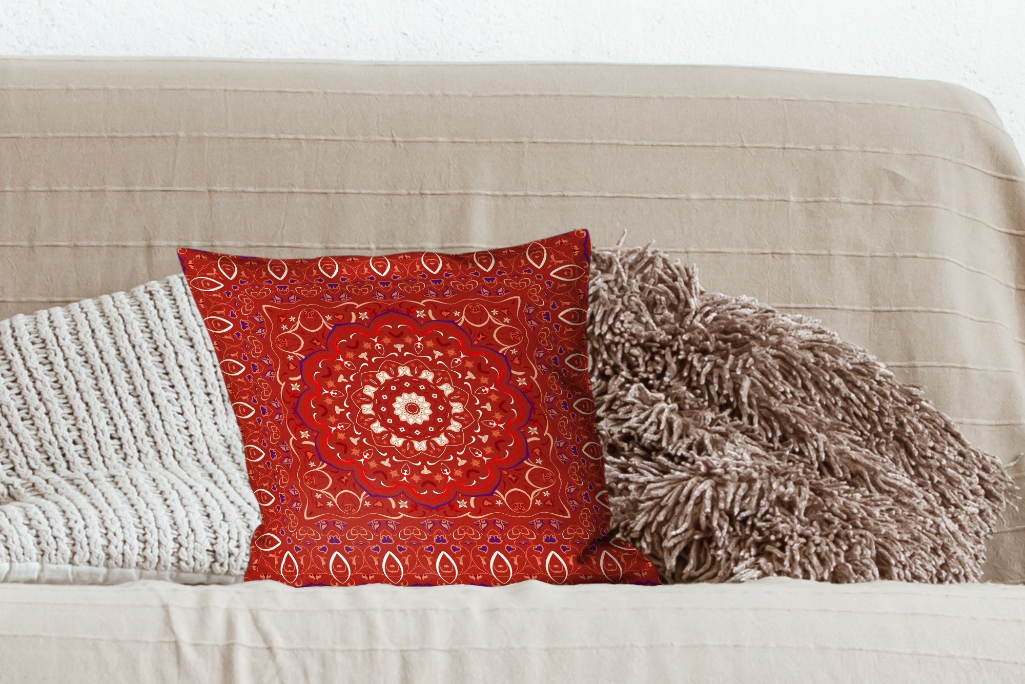 Teppich - Sofakissen Wohzimmer, MuchoWow Füllung Deko, Dekokissen - Rot, Schlafzimmer, Zierkissen - mit Persischer Mandala für Muster