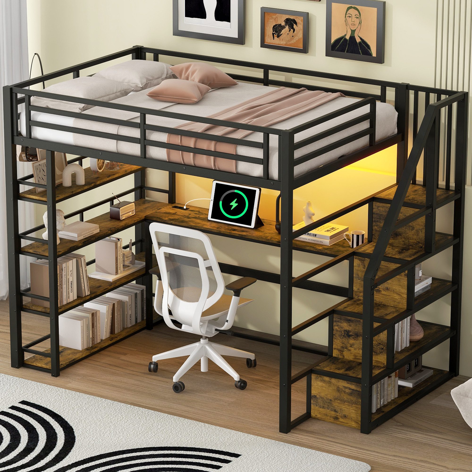 STILVORA Hochbett 140x200 mit Schreibtisch,Jugendbett Eisenbett mit LED-Lic günstig online kaufen