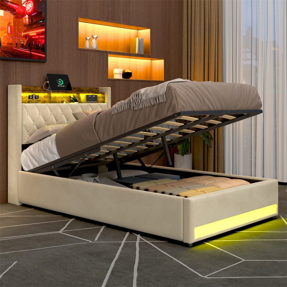 MODFU Polsterbett Funktionsbett Stauraumbett Gästebett (Stilvolles Polsterbett Dunkelgrau aus hochwertigem holländischen Samt mit hochelastischem Schaumstoff, 1-tlg., 140*200), Mit LED-Lichtleiste und USB-Aufladung