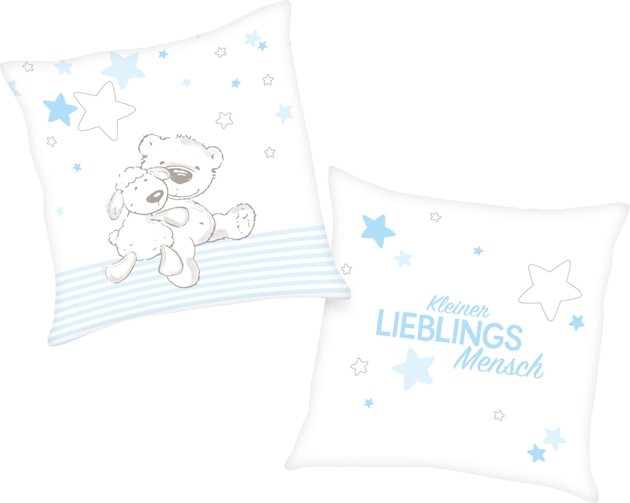 Baby Best Dekokissen Kleiner Lieblingsmensch, mit niedlichem Teddy-Motiv und liebevollem Schriftzug hellblau