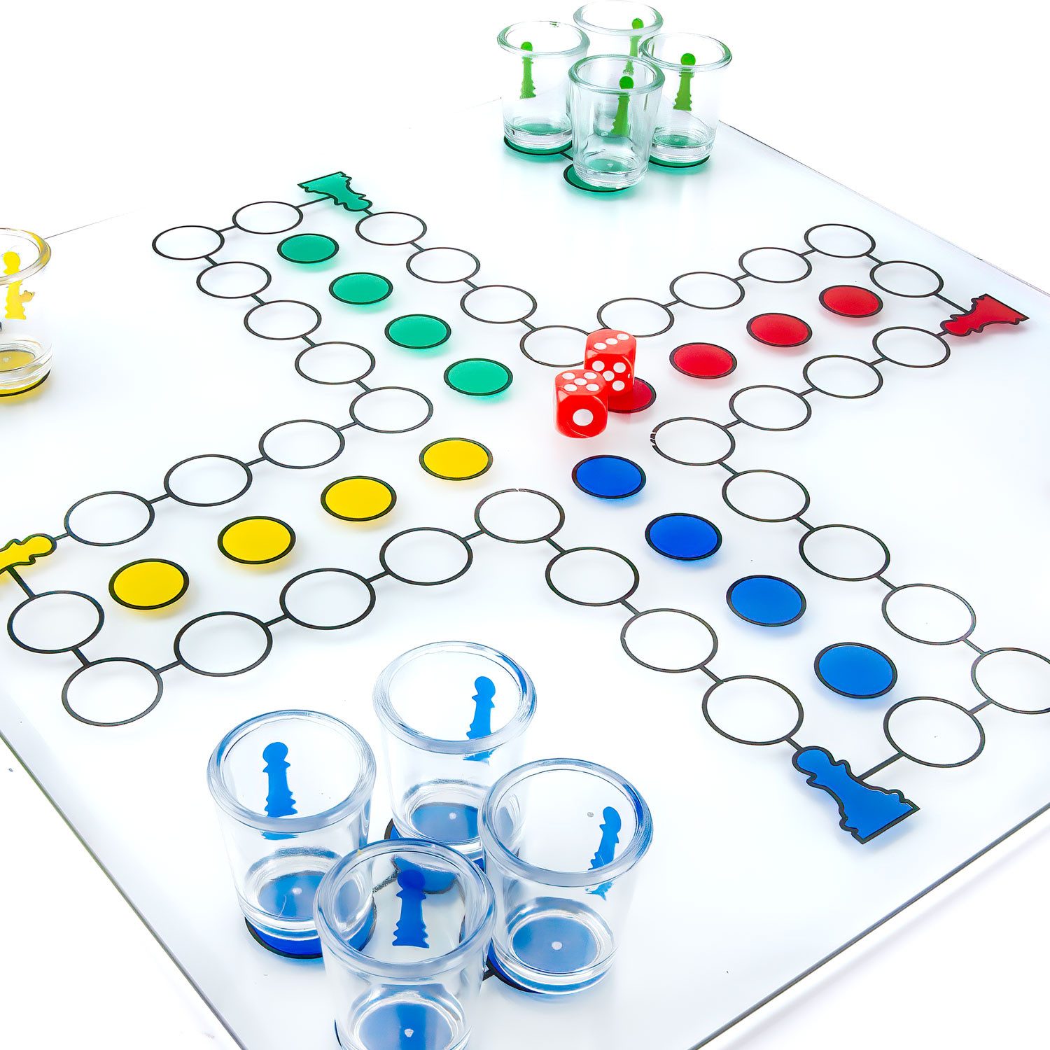Goods+Gadgets Spiel GOODS+GADGETS Ludo Trinkspiel aus Glas mit 16 Shotgläsern Party, Ludo, Trinkspiel mit Würfel & 16 Shotgläser