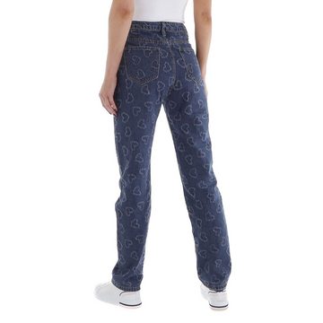 Ital-Design Straight-Jeans Damen Freizeit Used-Look Herzen Straight Leg Jeans in Blau