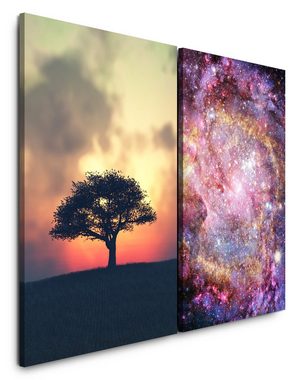 Sinus Art Leinwandbild 2 Bilder je 60x90cm einsamer Baum Galaxie Harmonie Sterne Weltraum Dekorativ positive Energie