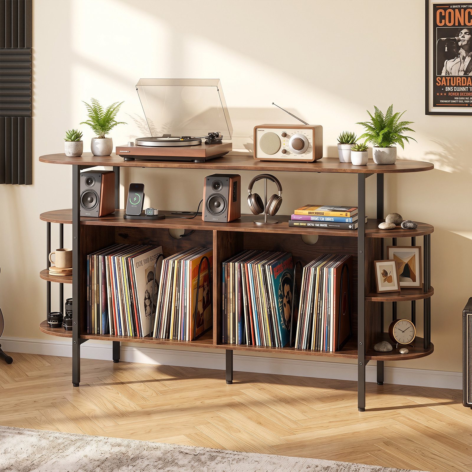 COSTWAY Sideboard Plattenspieler Regal mit Steckdose & LED, Plattenspieler-Ständer – Bild 2 von 5