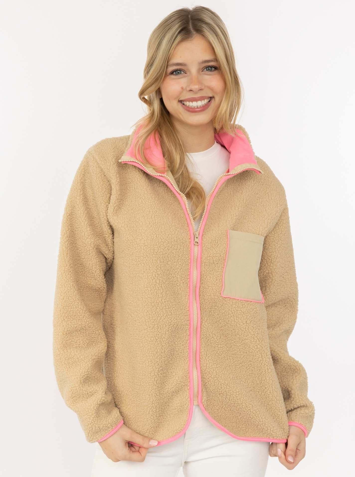 Zwillingsherz Kapuzensweatjacke "Classic" kuscheliges Teddy-Fleece, Kontrastdetails, Brutstasche, Stehkragen