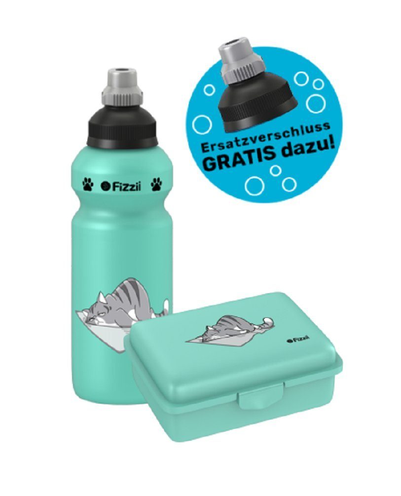 Fizzii Trinkflasche Lunch Set Kinder Trinkflasche & Brotdose Mint Katze | Trinkflaschen