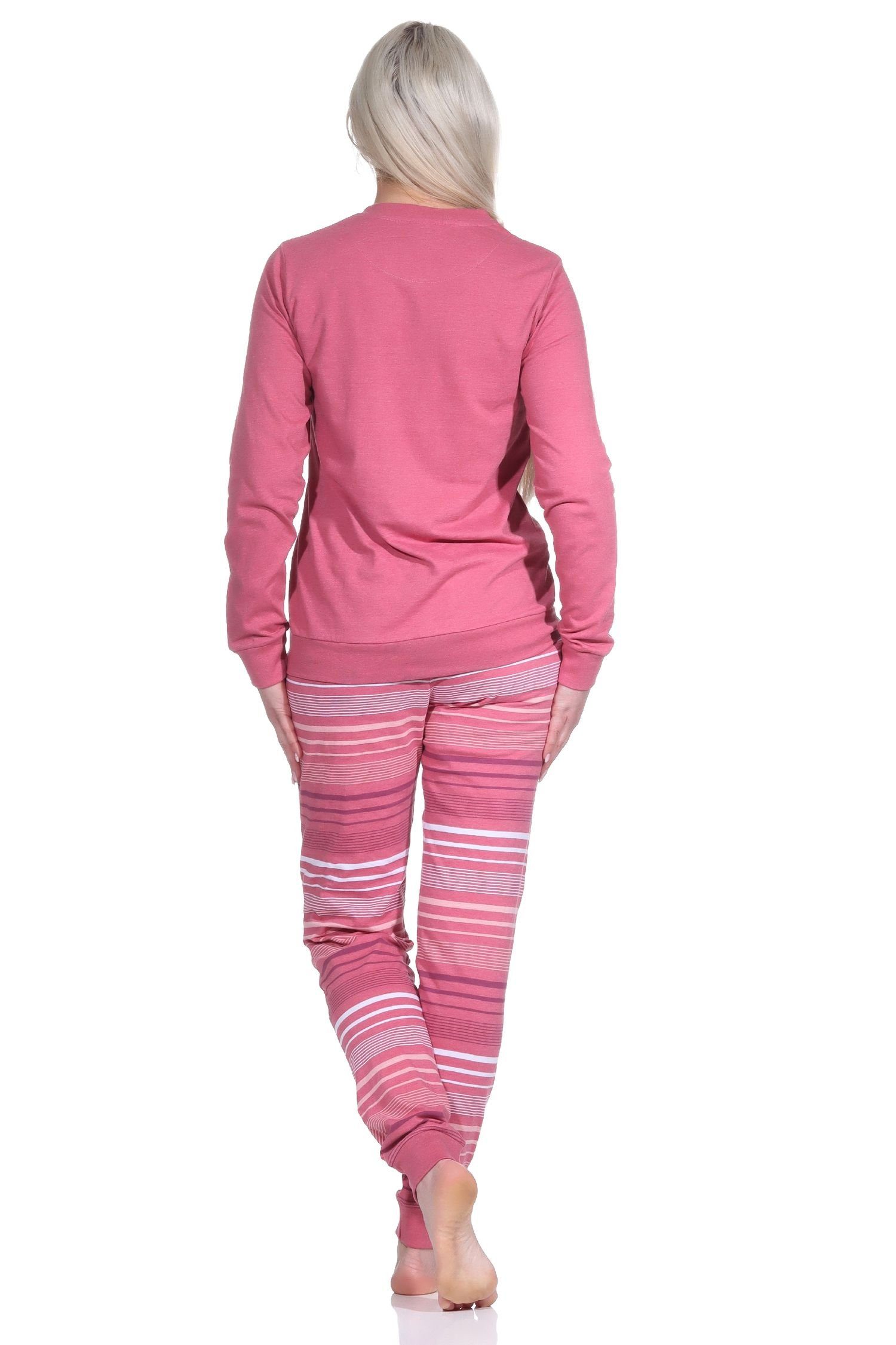 Normann Pyjama Damen Pyjama altrose gestreifter + Hose Bündchen mit Herzmotiv und