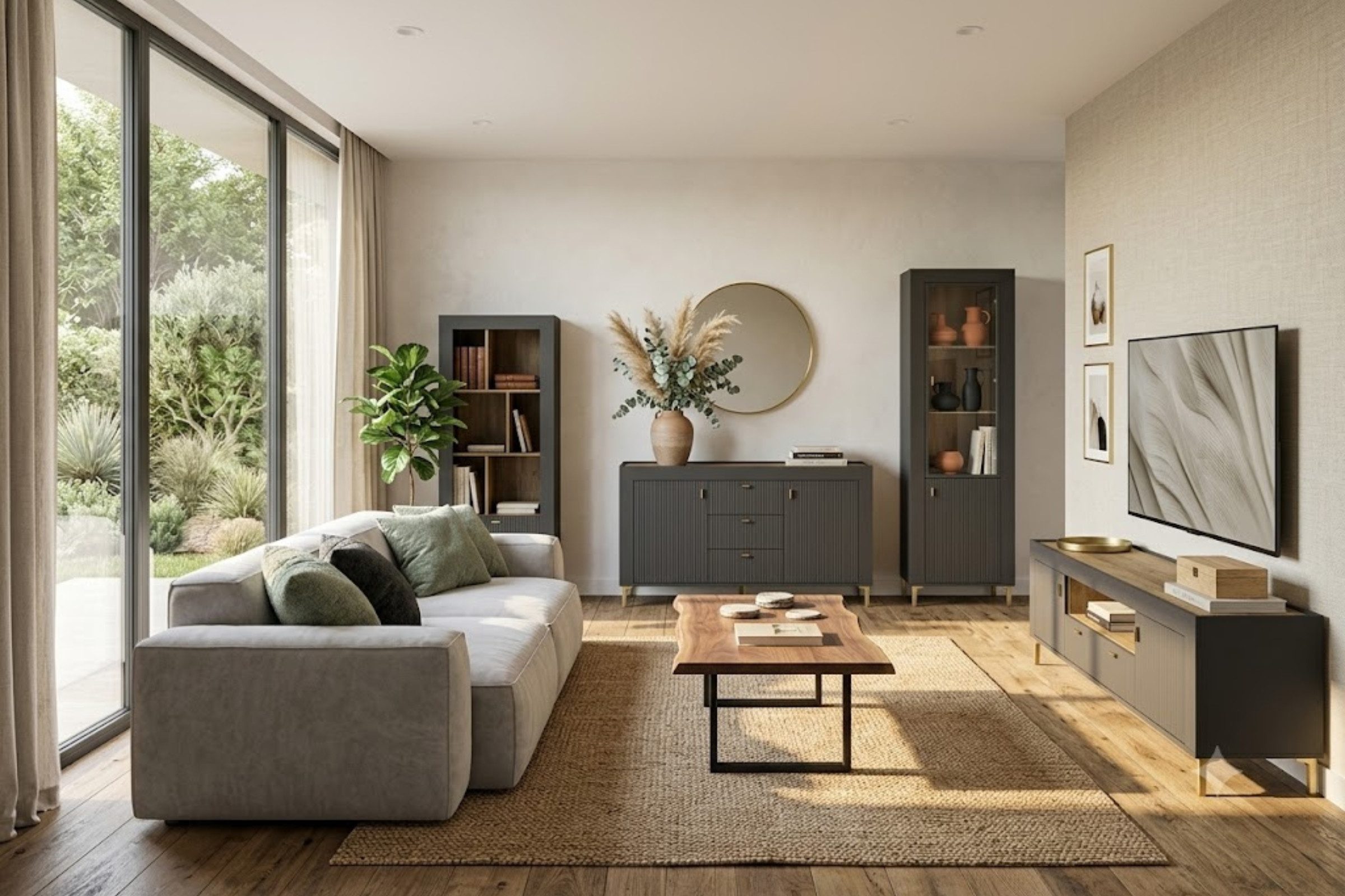Deine Möbel 24 Wohnzimmer-Set MONI A mit Vitrine, Regal, 2 Kommoden, (Set, 4-St., MONI - Kollektion), optionale LED-Beleuchtung, in Weiß, Schwarz, Cashmere/Eiche Whisky