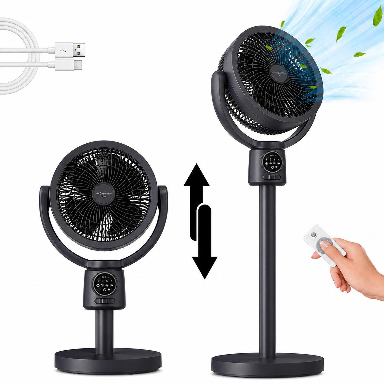 MOPUEA Standventilator 2in1 Standventilator Tischventilator mit 3D-Oszillation Luftzirkulator, Höhenverstellbar 5 Windstufen, Timer, LED-Display, Leiser Ventilator
