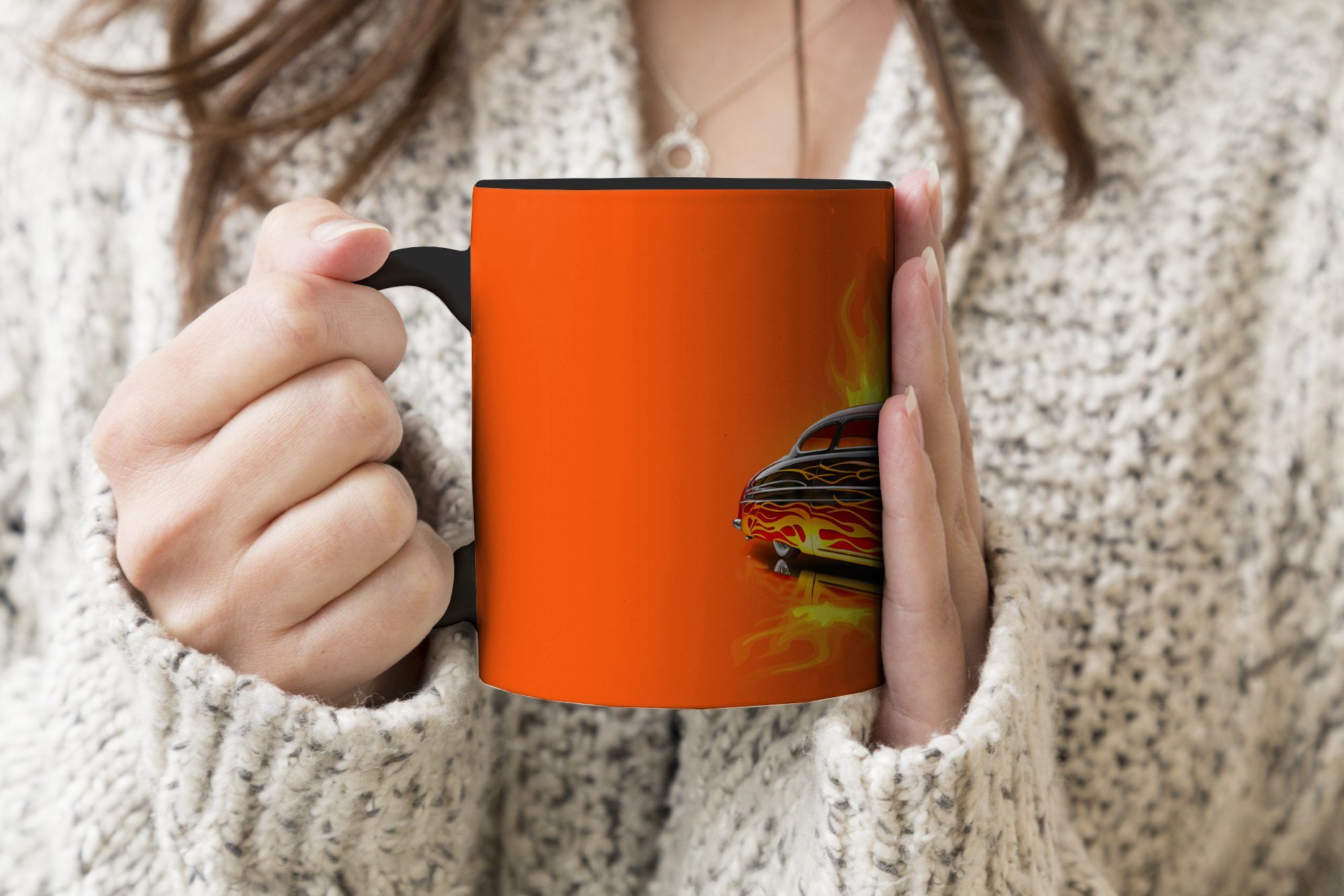 Geschenk - Keramik, Auto Orange Kaffeetassen, Teetasse, - - Tasse Feuer - Flammen Zaubertasse, Farbwechsel, Vintage, MuchoWow