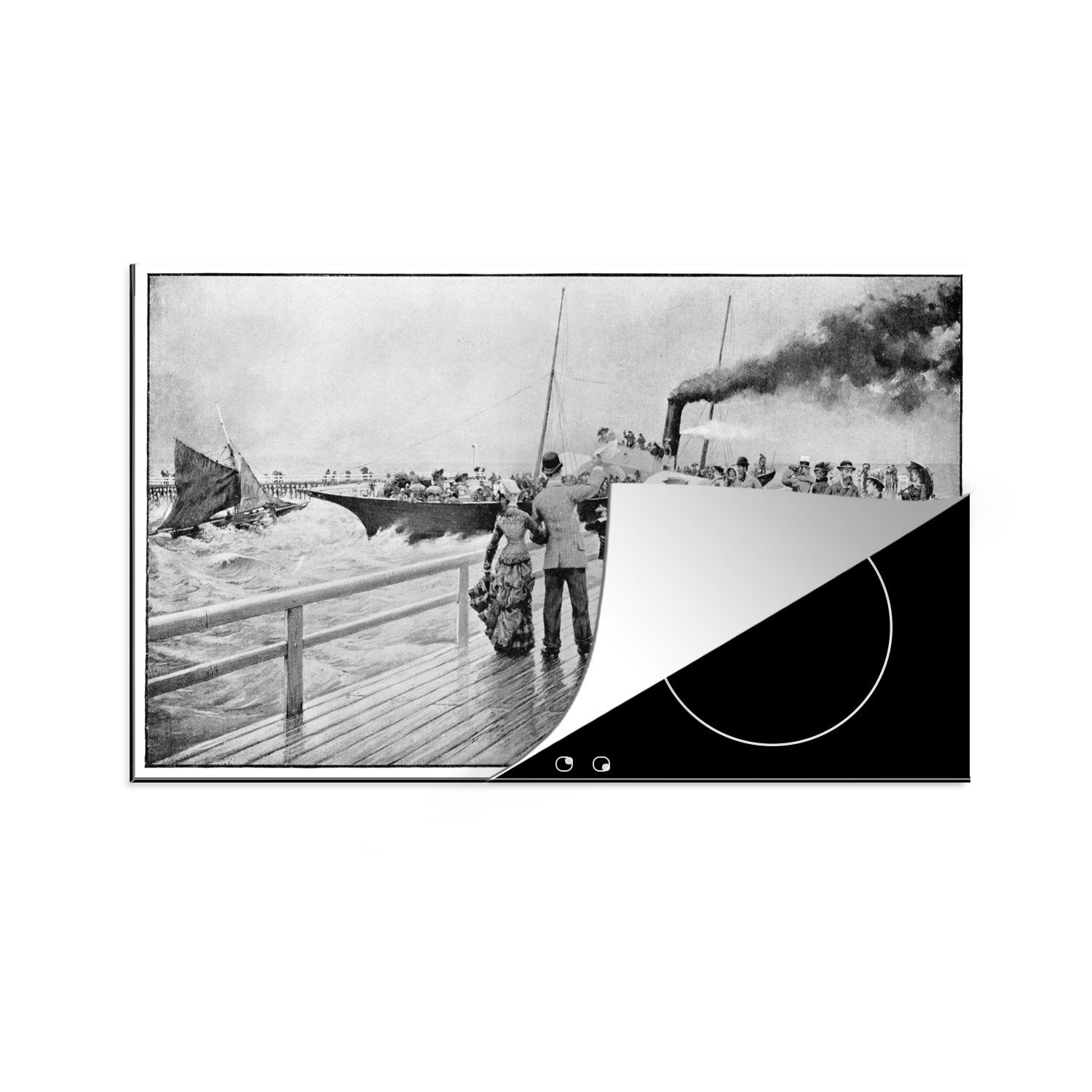 neunzehnten cm, MuchoWow im (1 Arbeitsplatte 83x51 Jahrhundert, tlg), Herdblende-/Abdeckplatte einer Seebrücke Ceranfeldabdeckung, Illustration küche Vinyl, für Eine