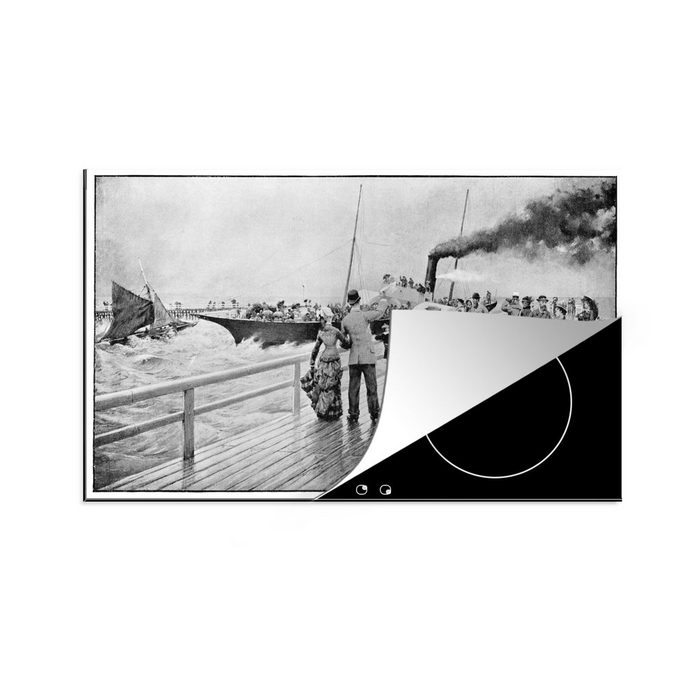 MuchoWow Herdblende-/Abdeckplatte Eine Illustration einer Seebrücke im neunzehnten Jahrhundert Vinyl (1 tlg) Ceranfeldabdeckung für die küche Induktionsmatte