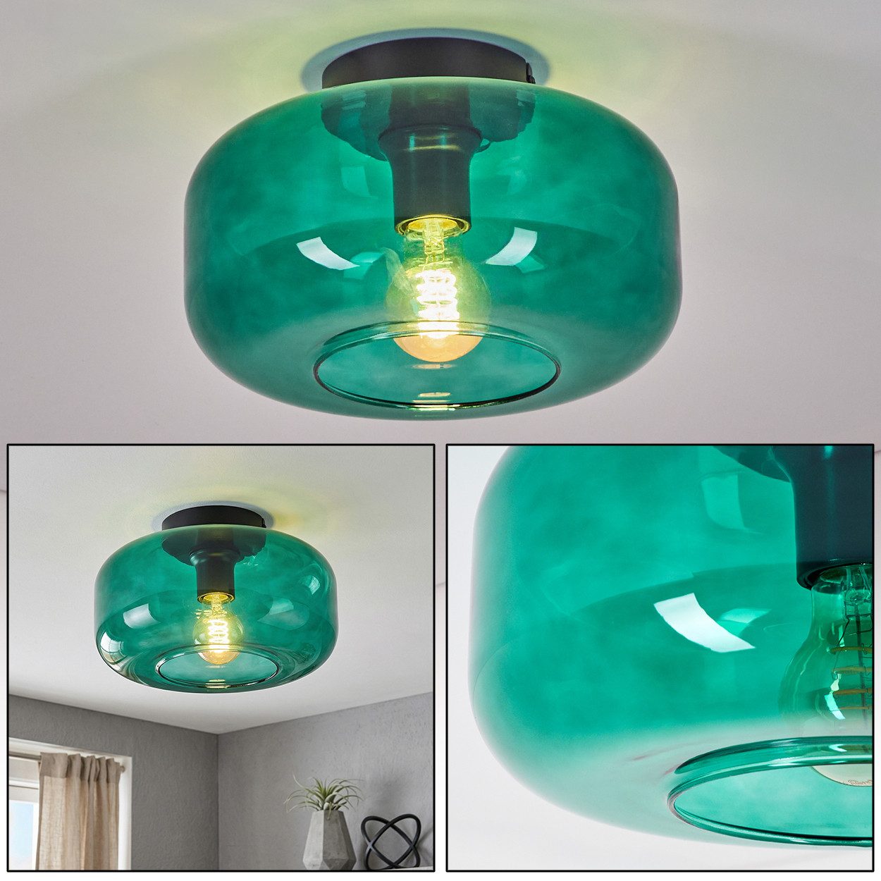 hofstein Deckenleuchte Deckenlampe aus Metall/Glas in Schwarz/Dunkelgrün, ohne Leuchtmittel, Deckenleuchte im Retro/Vintage-Design, Ø 28 cm, Höhe 17 cm, E27
