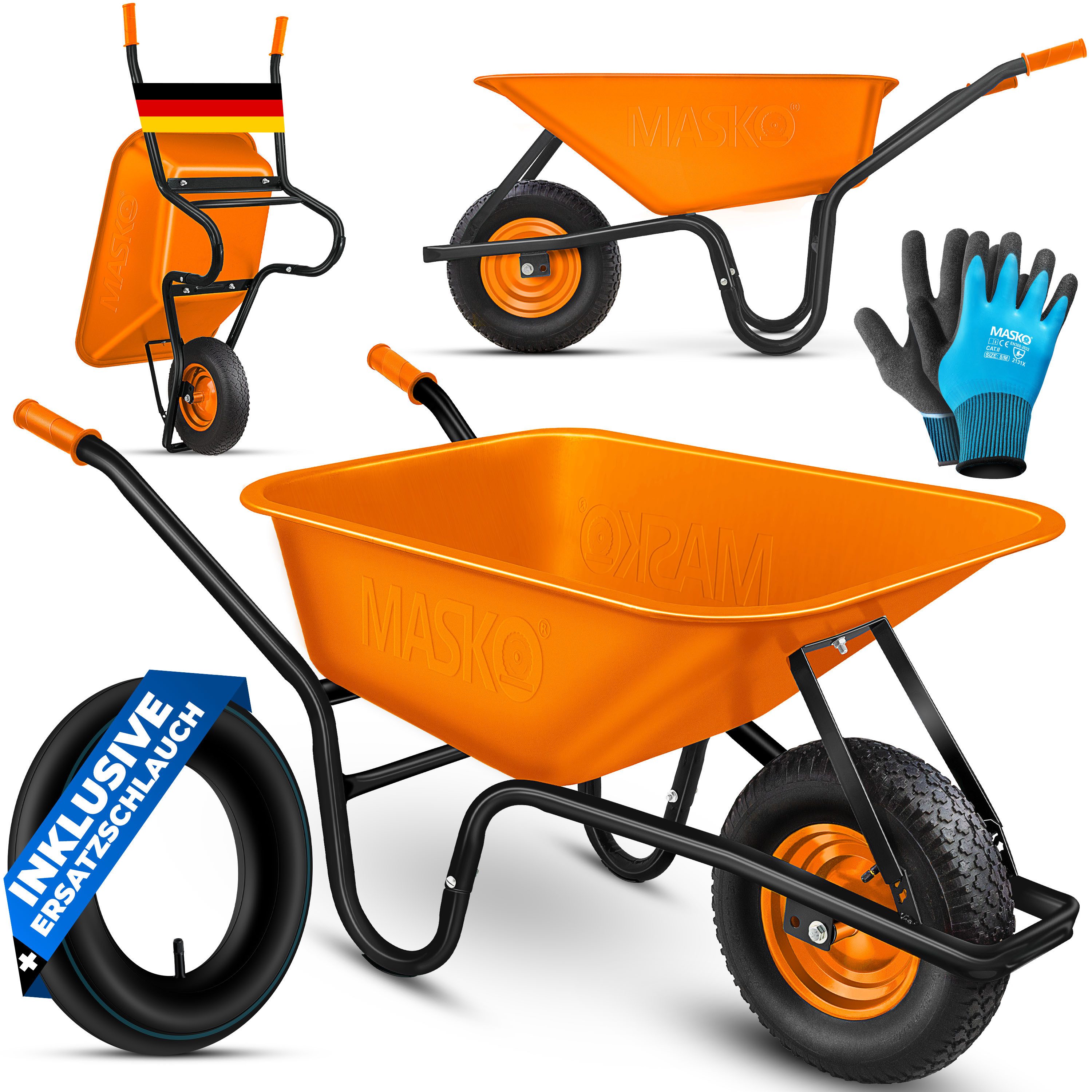 MASKO Schubkarre Bau- und Gartenschubkarre 100 Liter, mit Luftreifen und Stahlfelgen sowie einen Ersatzschlauch