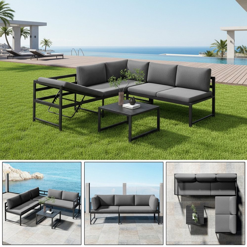 Mucola Gartenlounge-Set Ecksofa mit Liegefunktion Aluminium Sitzgruppe wetterfest Ecklounge, (Set, 3-tlg., 2 Sofa, 1 Tisch, 11 Auflagen), Liegefunktion durch verstellbare Rückenlehne und extra dicke Kissen