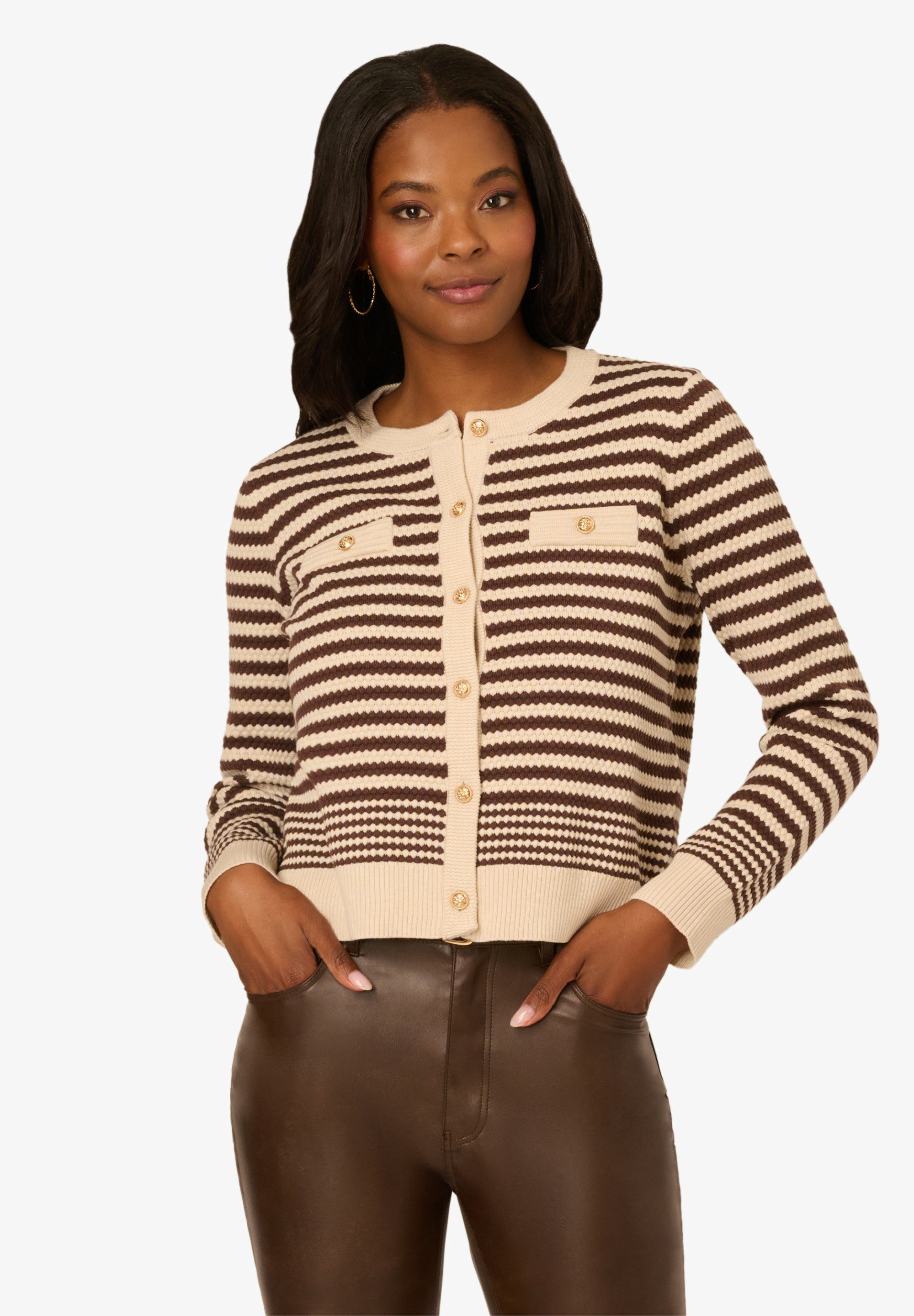 Adrianna Papell Strickjacke Crew Neck Button Front Striped Pointelle Long S günstig online kaufen