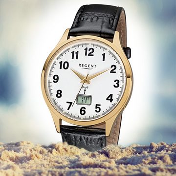 Regent Funkuhr Regent Herren-Armbanduhr schwarz Analog, (Funkuhr), Herren Funkuhr rund, groß (ca. 40mm), Lederarmband