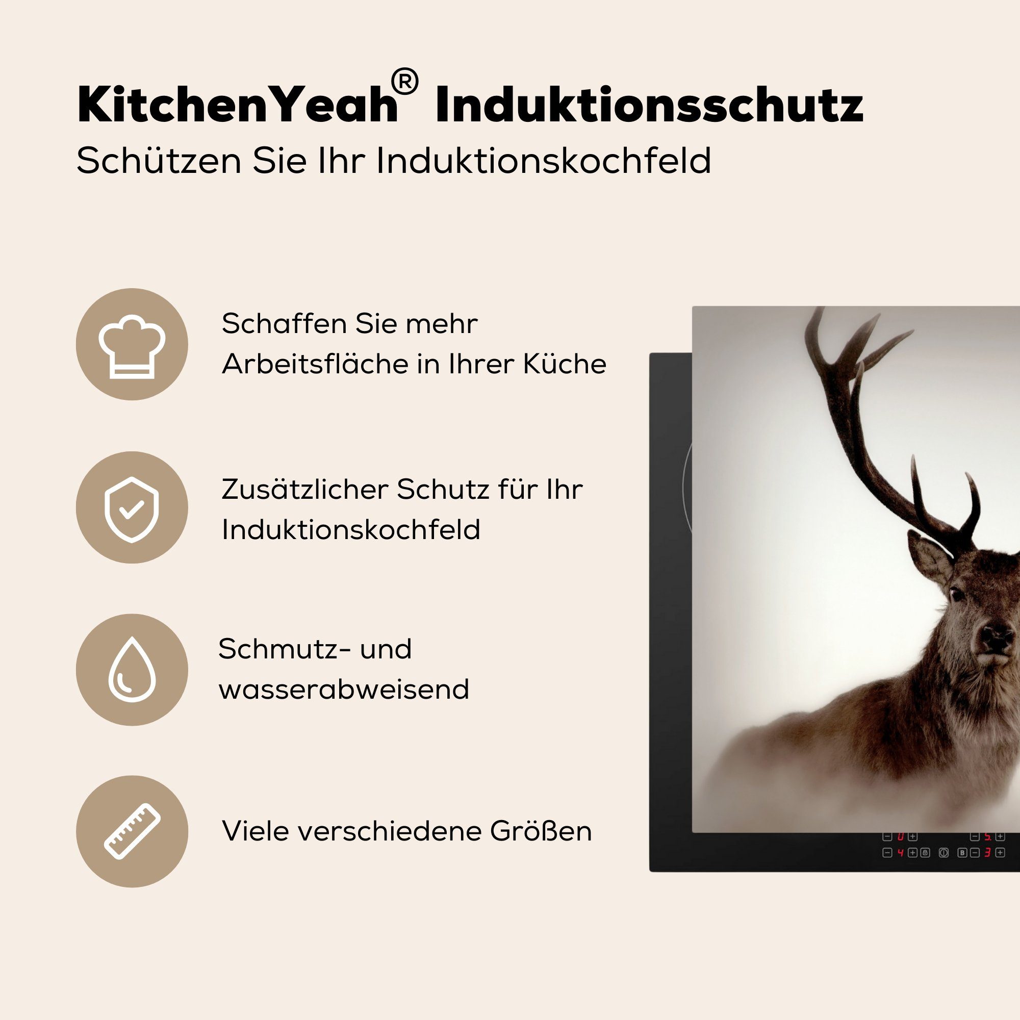 (1 Porträt Hirsch Ceranfeldabdeckung, - cm, tlg), Arbeitsplatte 78x78 Vinyl, - küche Geweih, für Herdblende-/Abdeckplatte MuchoWow