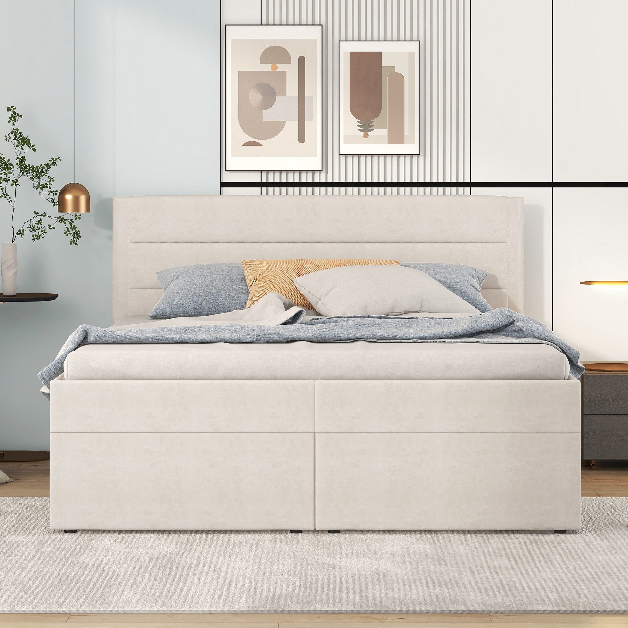 TavilaEcon Polsterbett 140 x 200 cm mit 2 Bettkasten, hydraulisch beidseitig zu öffnen, Beige, Doppelbett mit Lattenrost aus Metallrahmen, großer Stauraum – Bild 4 von 5