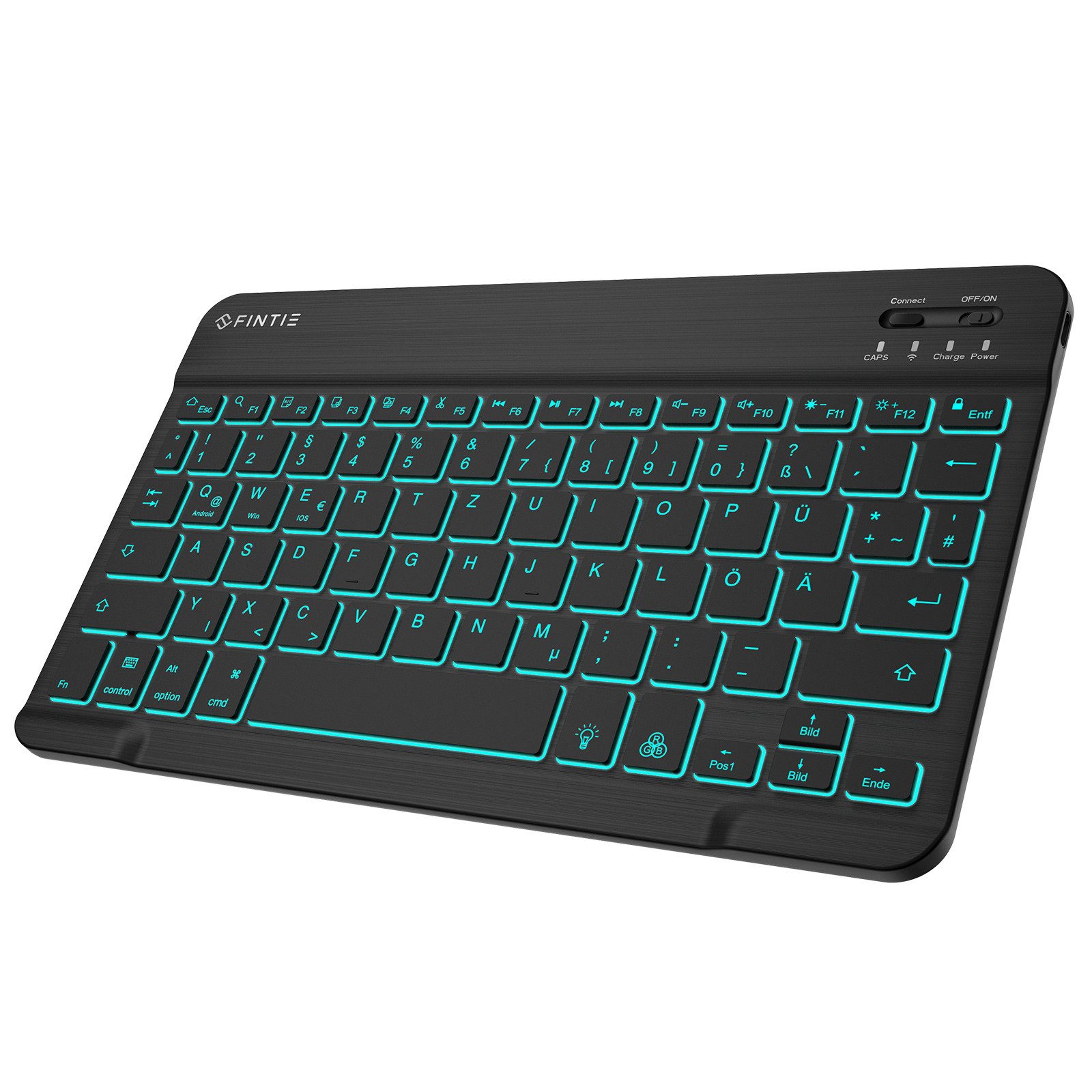 Fintie Bluetooth Tastatur mit 7-farbiger Hintergrundbeleuchtung,QWERTZ-Layout Tablet-Tastatur (für iPad/iPhone/Samsung/Xiaomi Pad(Geeignet für Windows, Android, IOS)