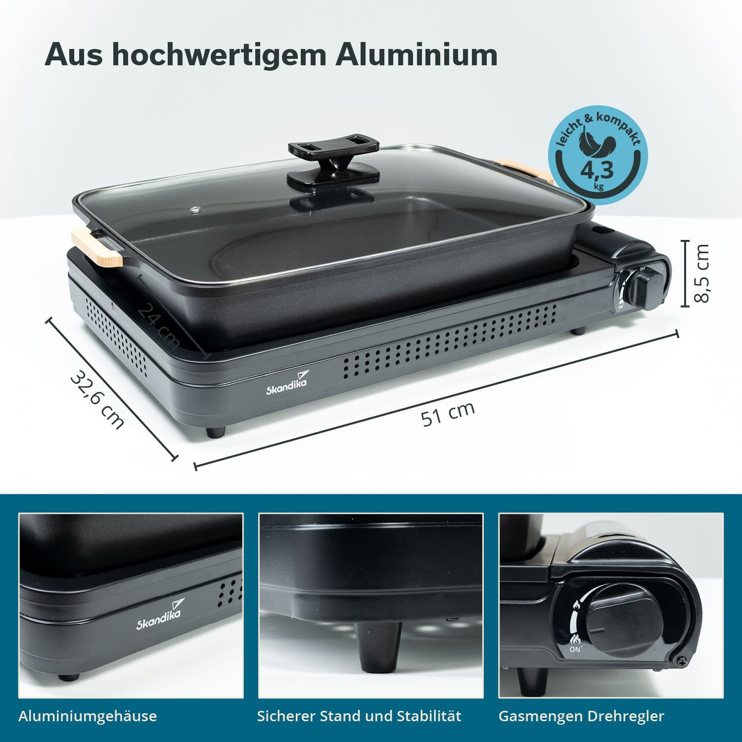 Skandika Gaskocher Brann XL 1-flammig Set, Kochfeld, Gasbrenner, Piezo-Anzünder, (Aluminium Campingkocher Set mit Bratpfanne & Deckel, Aluminium Campingkocher Set mit Bratpfanne & Deckel), robuster Campingkocher für Gaskartuschen MSF-1A 227 g
