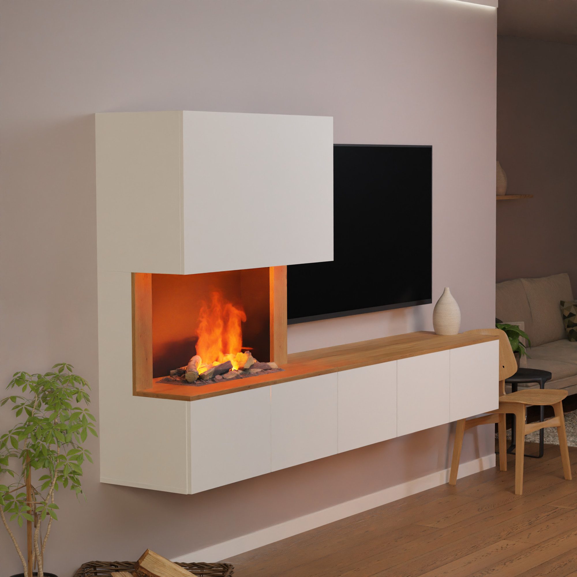 GLOW FIRE Elektrokamin CW5 Links Wasserdampf Kamin- Wohnwand mit Kamin, Sideboard mit Kamin, Wasserdampfkamin mit 3D Feuer und Knisterfunktion