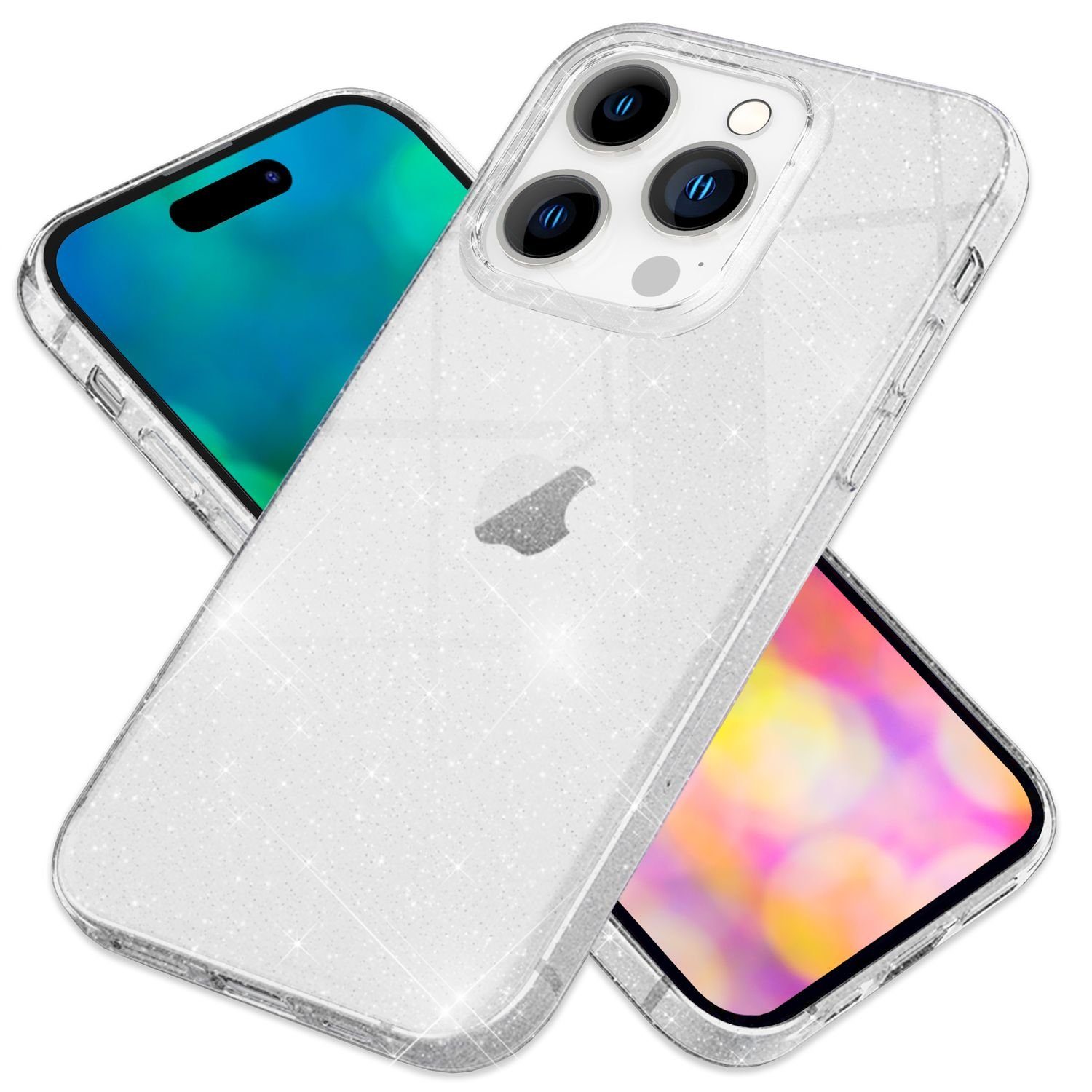 Nalia Smartphone-Hülle Apple iPhone 14 Pro, Klare Glitzer Hülle / Silikon Transparent / Glitter Cover / Bling Case