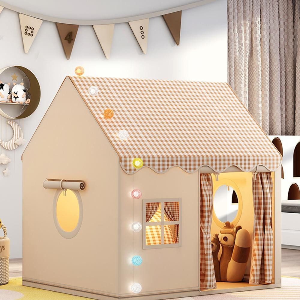 CAVEEN Spielzelt Kinderzelt Spielhaus mit LED-Lichterkette und Baumwollmatte 120×105×128 cm