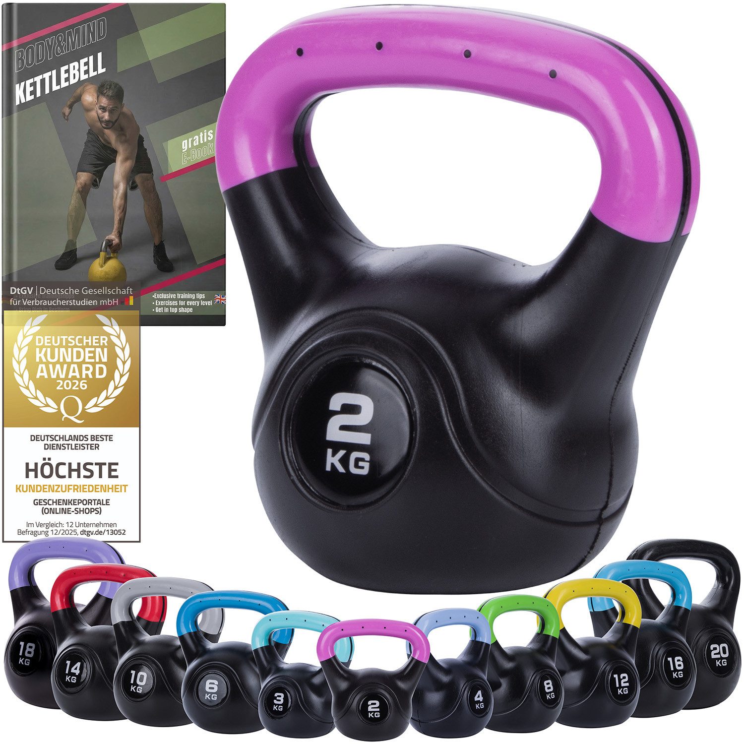Body & Mind Kettlebell Body & Mind Kettlebell 2–20 kg – Profi Kettlebell mit Kunststoffmantel, (Profi Schwunghantel), Kraftraining Workout Gewicht (2 kg)
