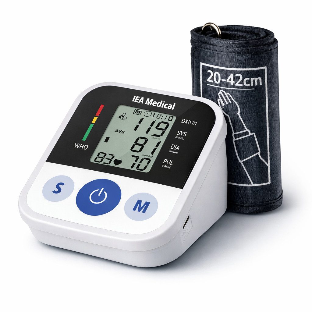 IEA Medical Oberarm-Blutdruckmessgerät ZK-B869, LCD-Display, mit Arrhythmie-Anzeige, mit WHO-Indikator, 2 Nutzer × 99 Speicher, Manschette 22-42 cm