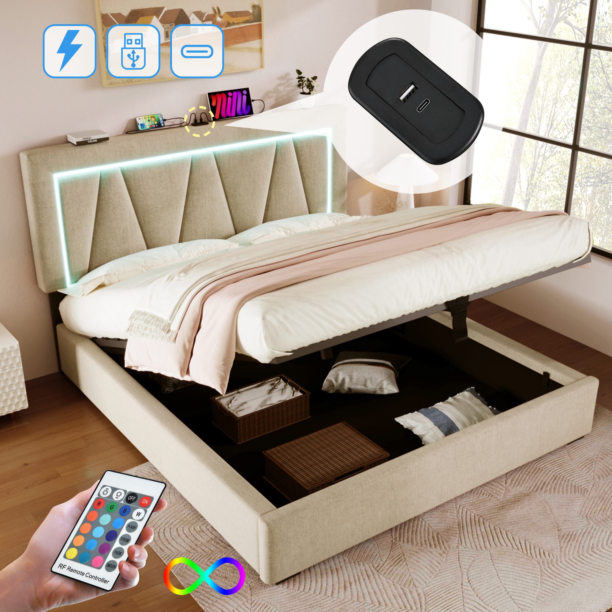 Flieks Polsterbett, LED Doppelbett Stauraumbett + USB/Typ-C Ladefunktion 160x200cm Leinen