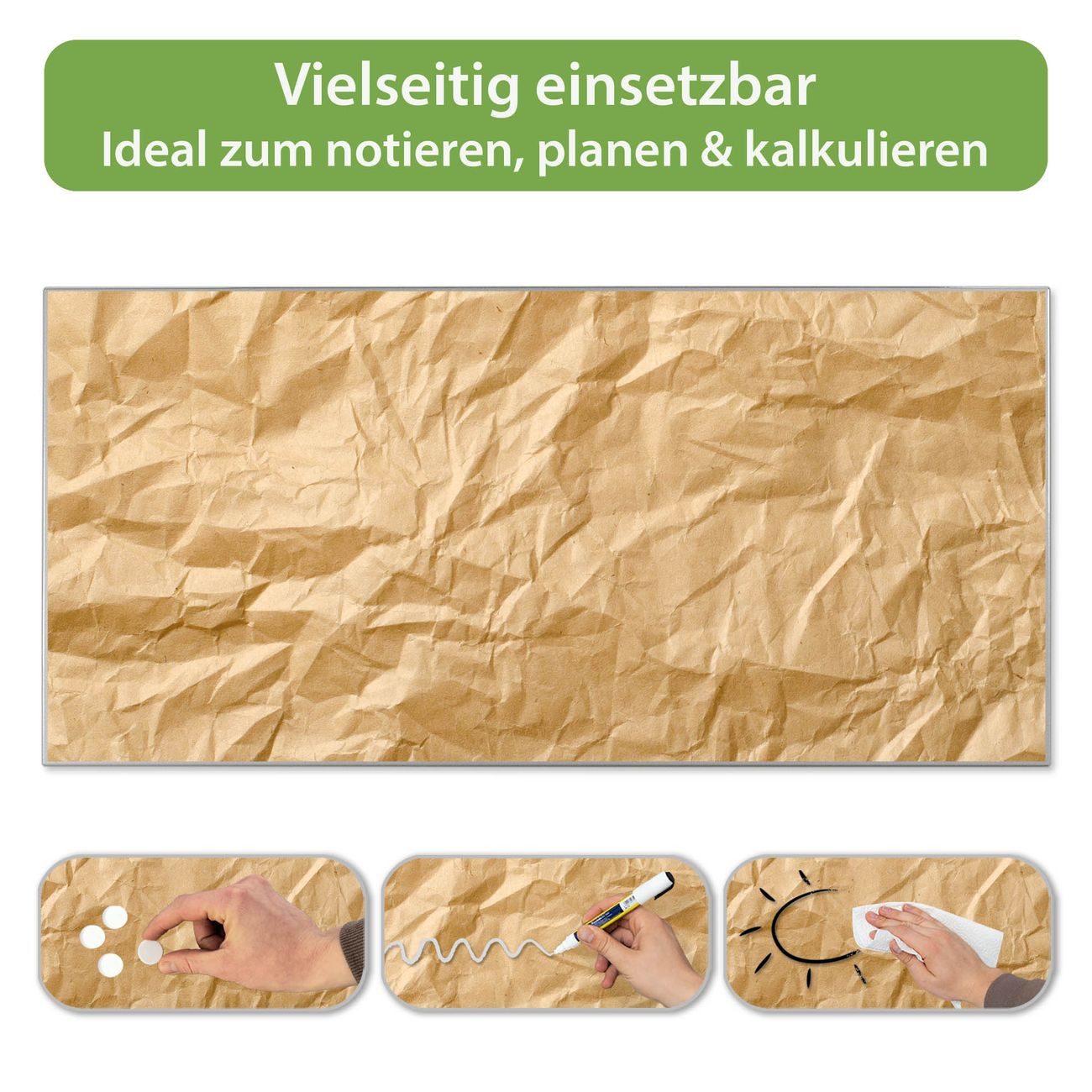 banjado Magnettafel Grau aus Stahl Querformat mit Motiv Knüllpapier, (inkl. 4 Magnete, Stahlmagnettafel)