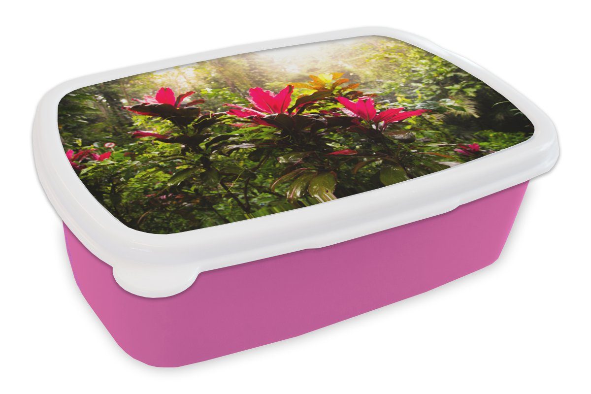 MuchoWow Lunchbox Schöne Blumen inmitten des Dschungels, Kunststoff, (2-tlg), Brotbox für Erwachsene, Brotdose Kinder, Snackbox, Mädchen, Kunststoff rosa