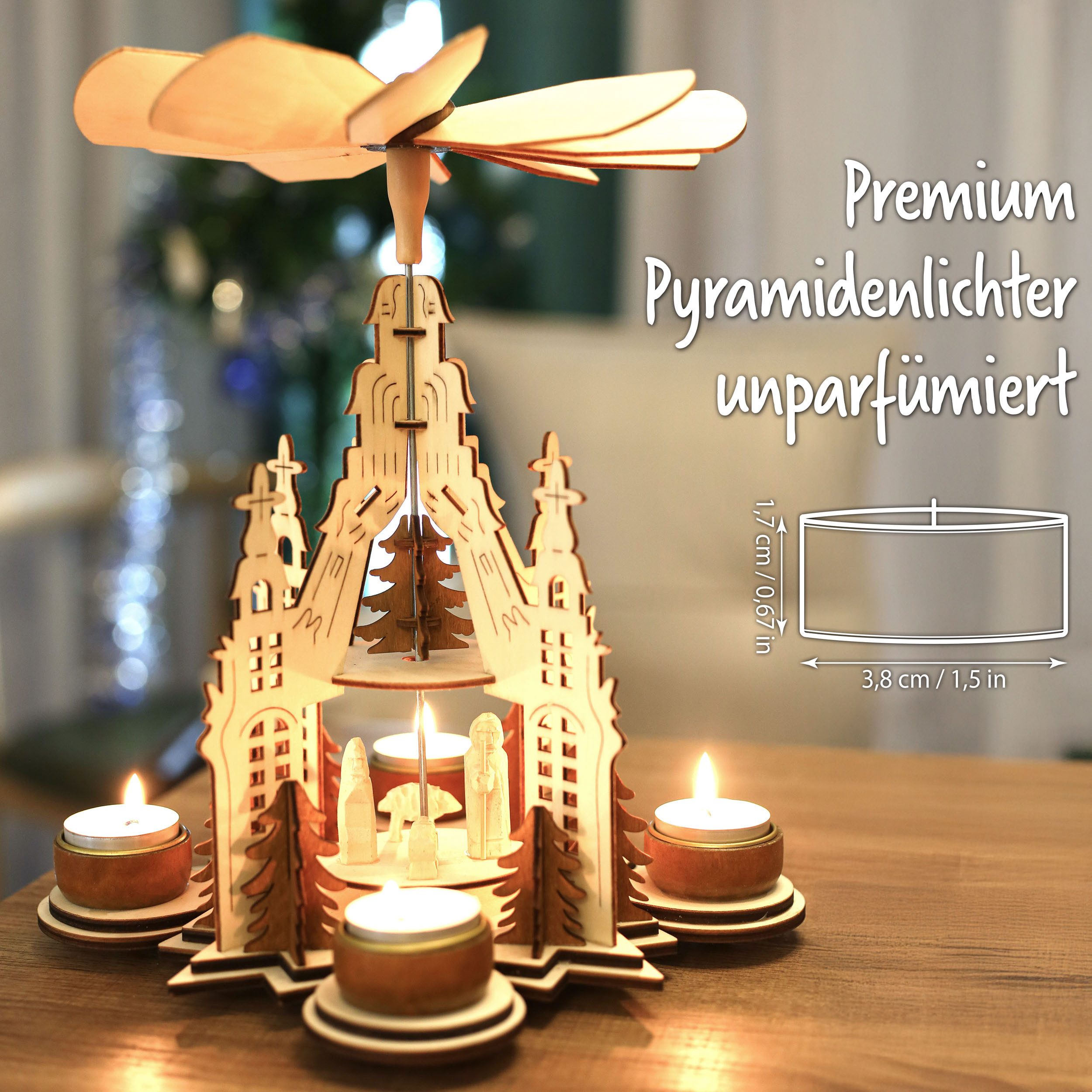 BRUBAKER Teelicht Pyramidenteelichter aus Paraffin mit Metallhülle - Pyramidenlichte (Extra Große Flamme, 12-tlg., Lange Brenndauer), Pyramiden-Teelichter für Weihnachtspyramiden & Weihnachtsdeko