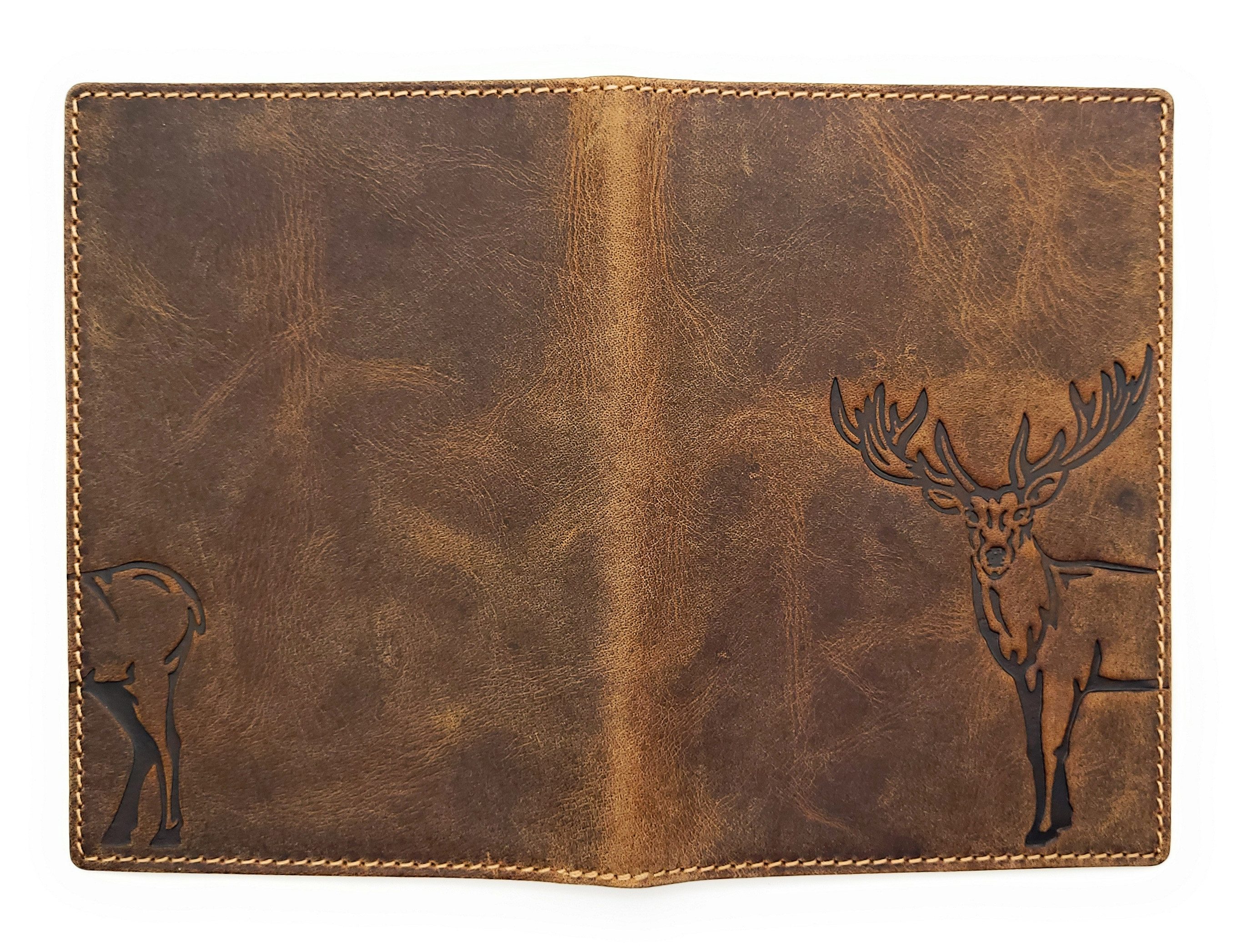 JOCKEY CLUB Brieftasche echt Leder Mappe für Reisepass, Jagdschein, Angelschein, Waffenschein, Waffenbesitzkarte, geprägter Hirsch